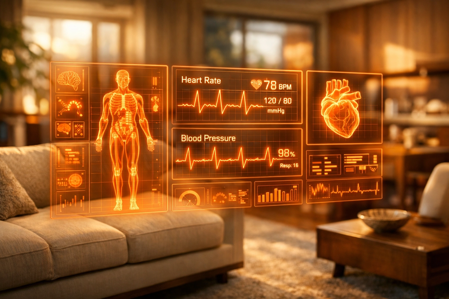 Holographic vital signs in a home living room showcasing remote medical care and virtual practice management.