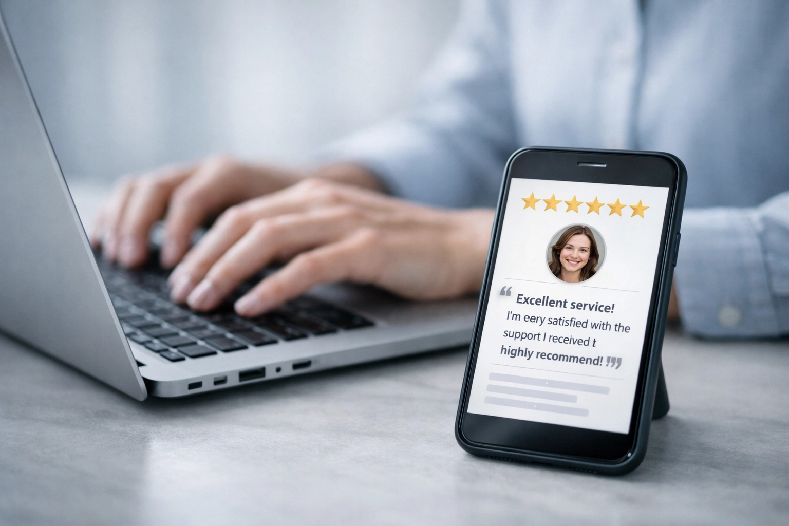 Customer reviewing testimonials on mobile device showing trust signals and social proof