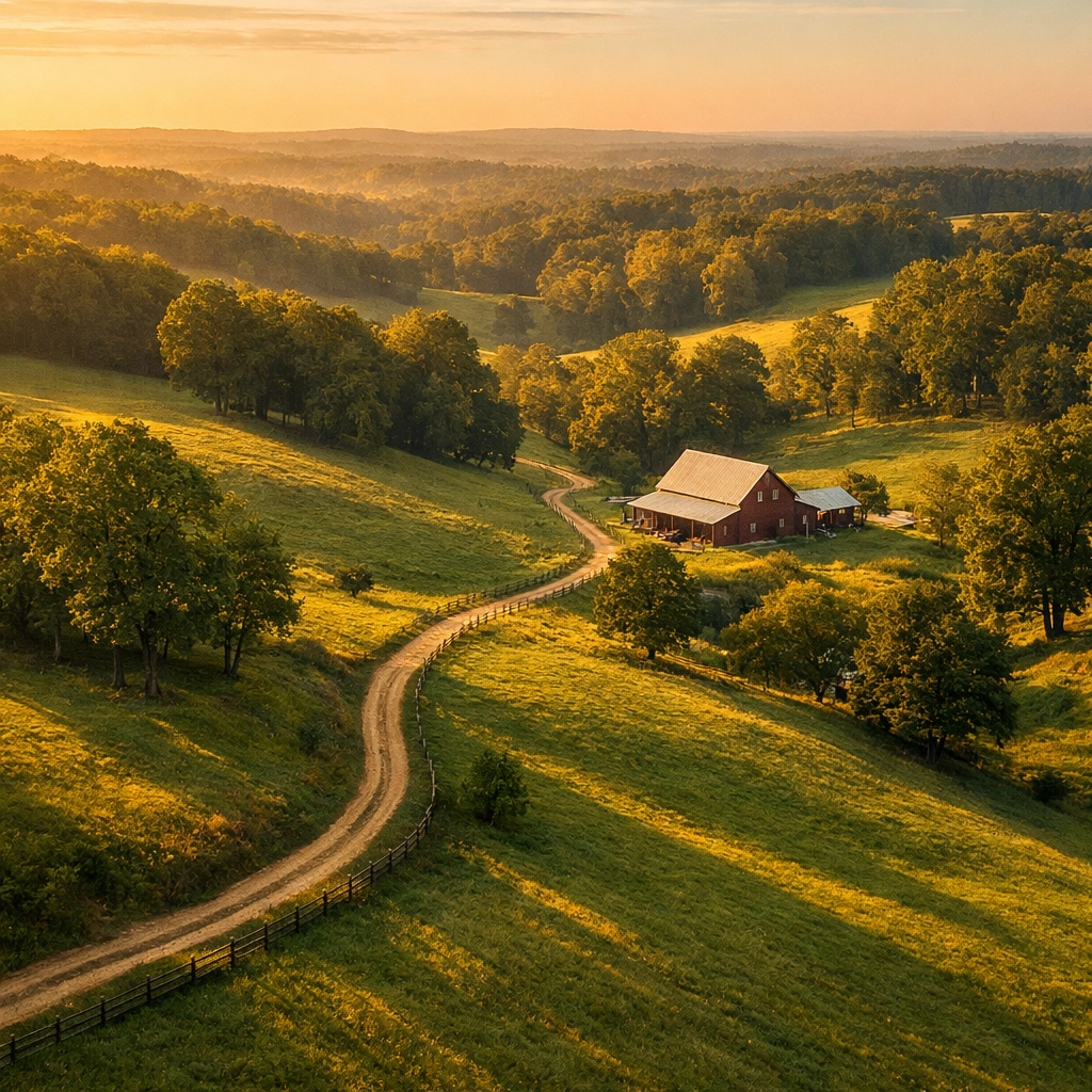 Aerial view of rolling Davidson NC horse farm landscape with pastures and mature trees
