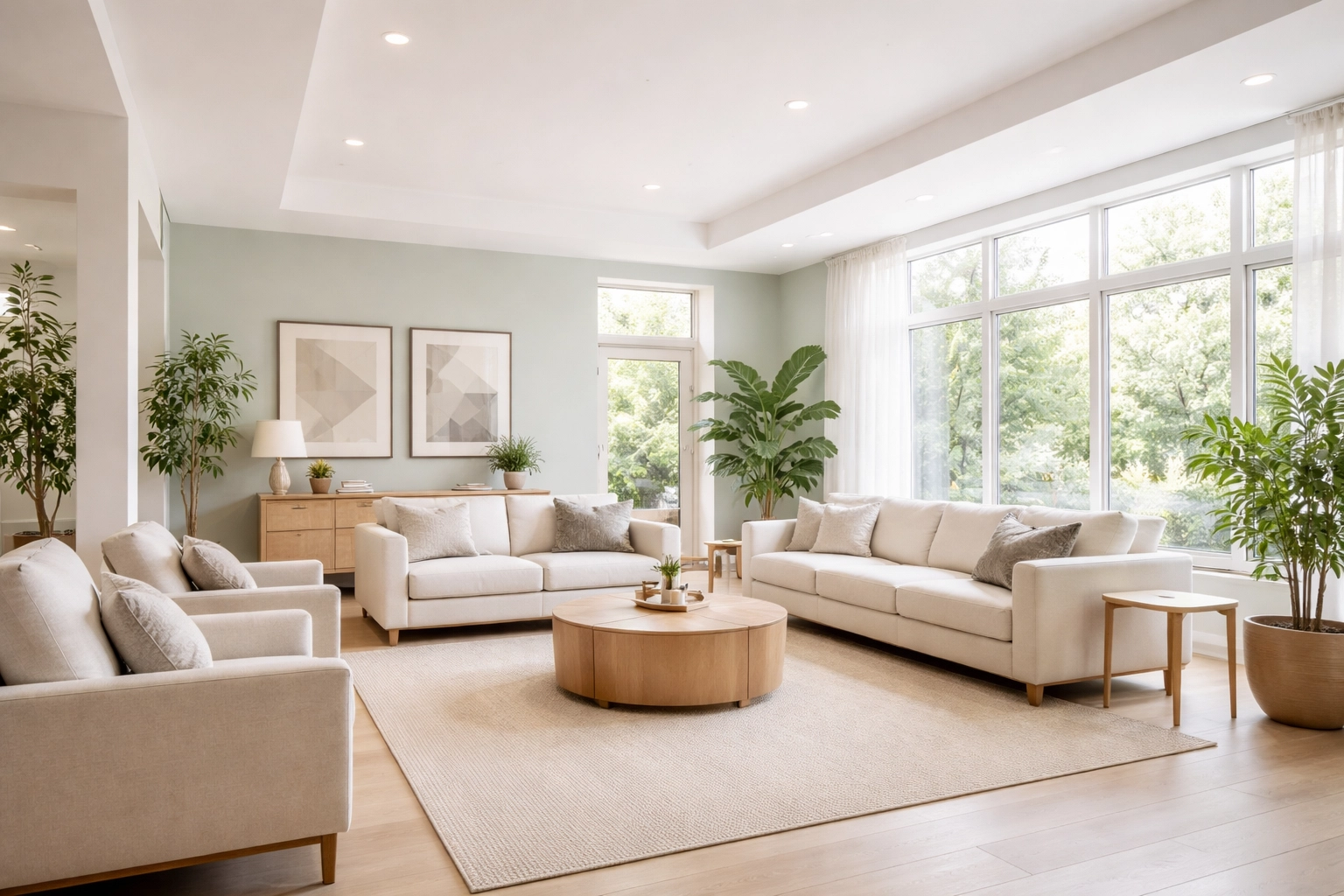 Serene residential treatment facility lobby with sage green walls, natural wood, and welcoming seating for visual trust