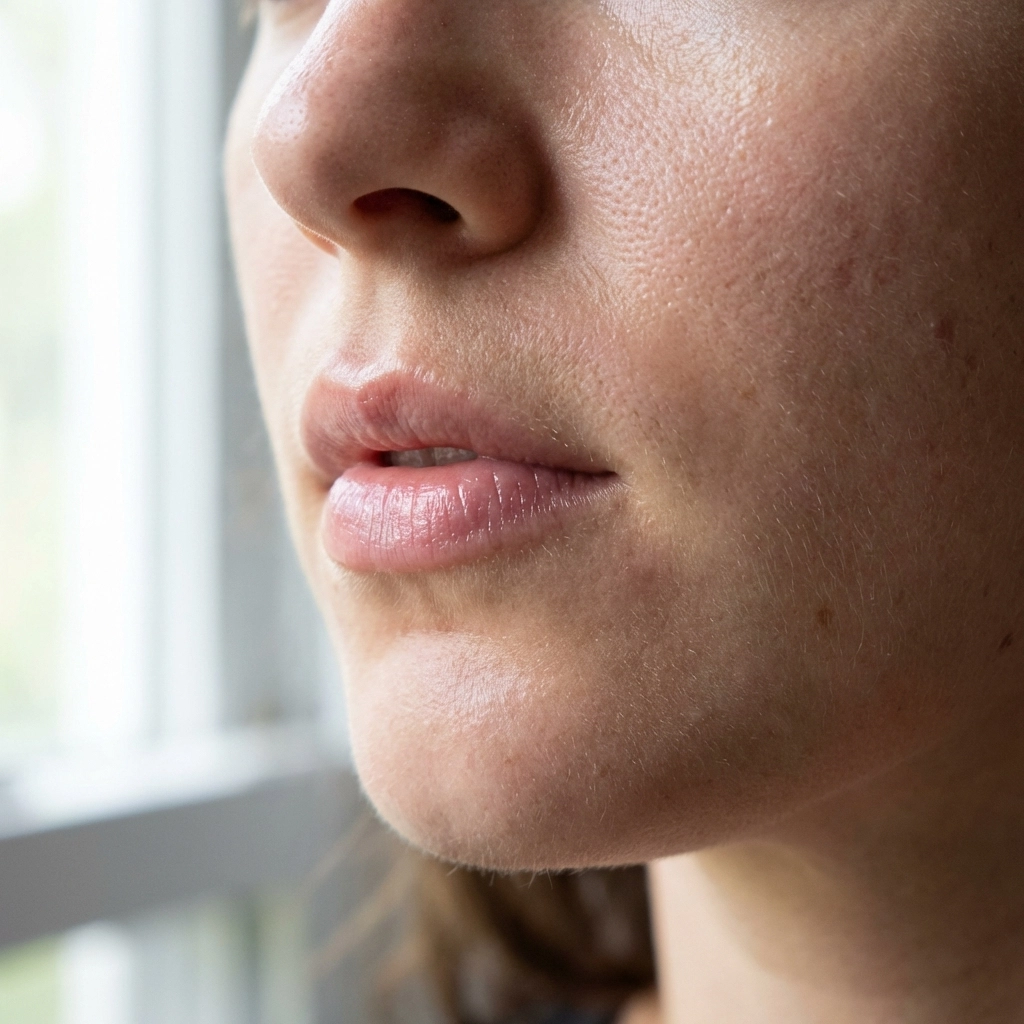Close-up fine art nude photography of a woman's lips and detailed skin texture.