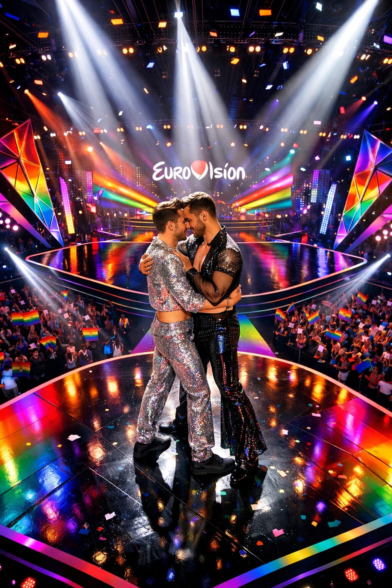 Gay male performers embracing on Eurovision stage under rainbow lights celebrating queer visibility and representation