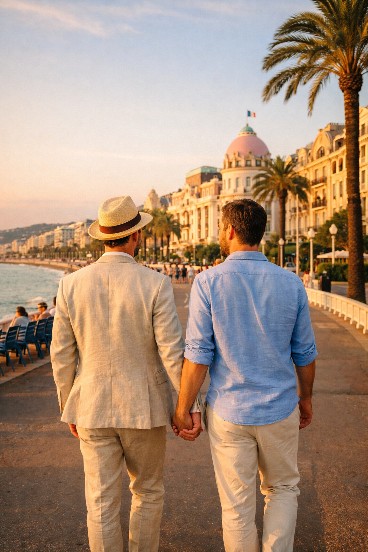 Gay couple holding hands on Promenade des Anglais during French Riviera honeymoon in Nice