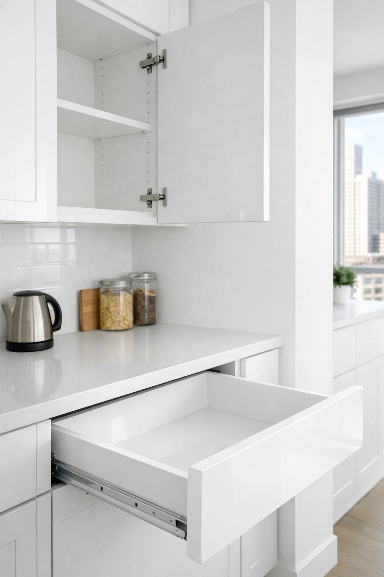 Spotless white kitchen cabinets and open drawers in a modern Detroit apartment after move-out cleaning.