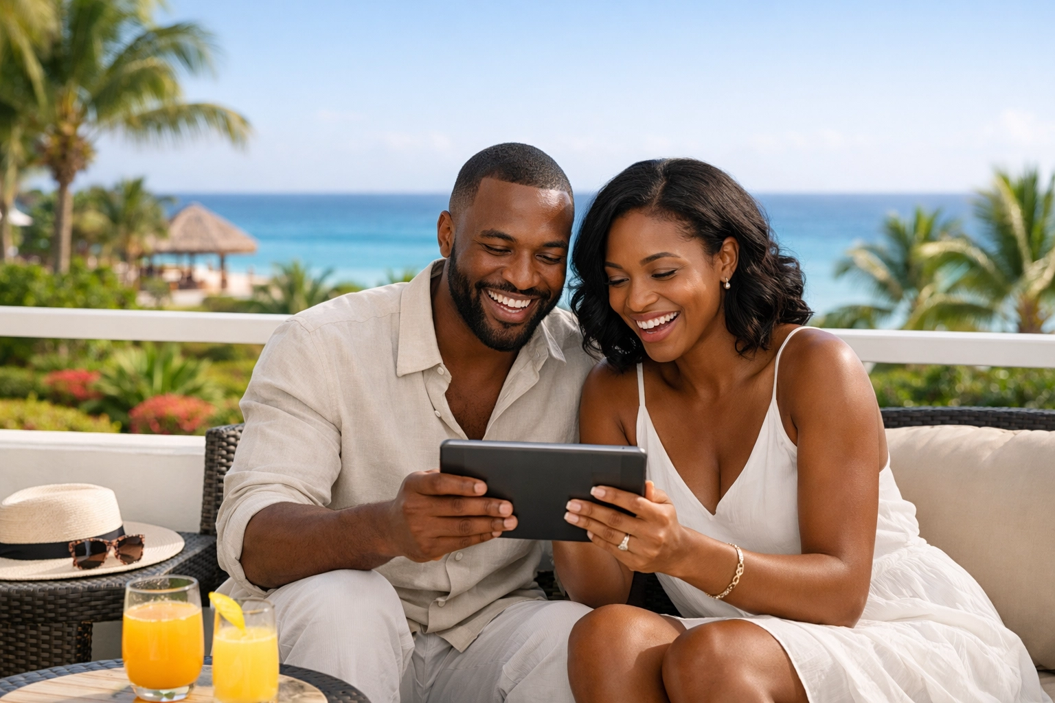 Black couple on a luxury resort balcony finalizing their lifestyle resorts booking with an adults only travel agent.