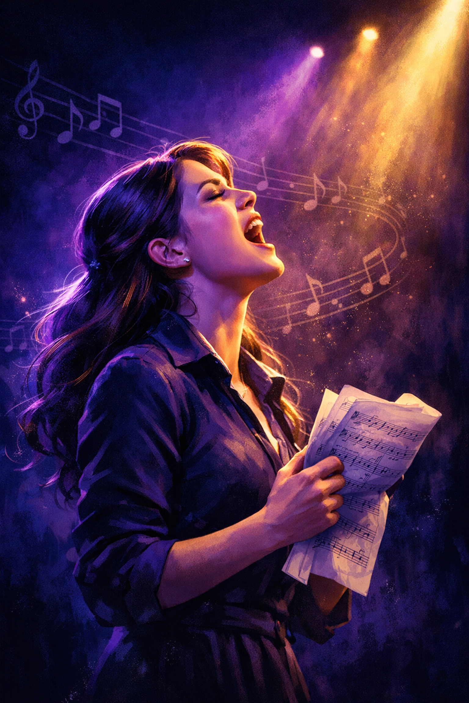 Young performer singing passionately during musical theatre vocal lesson