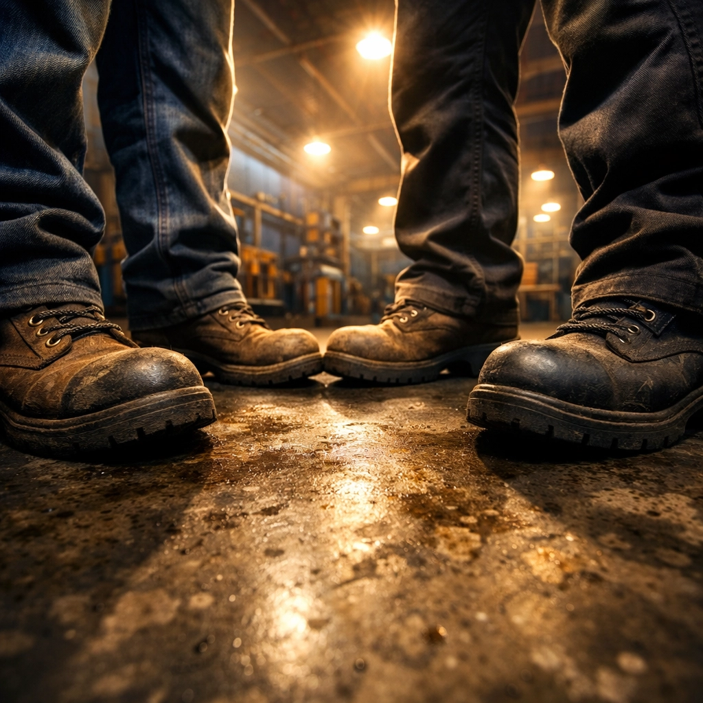 Workers boots in team huddle on industrial floor demonstrating unity in safety culture
