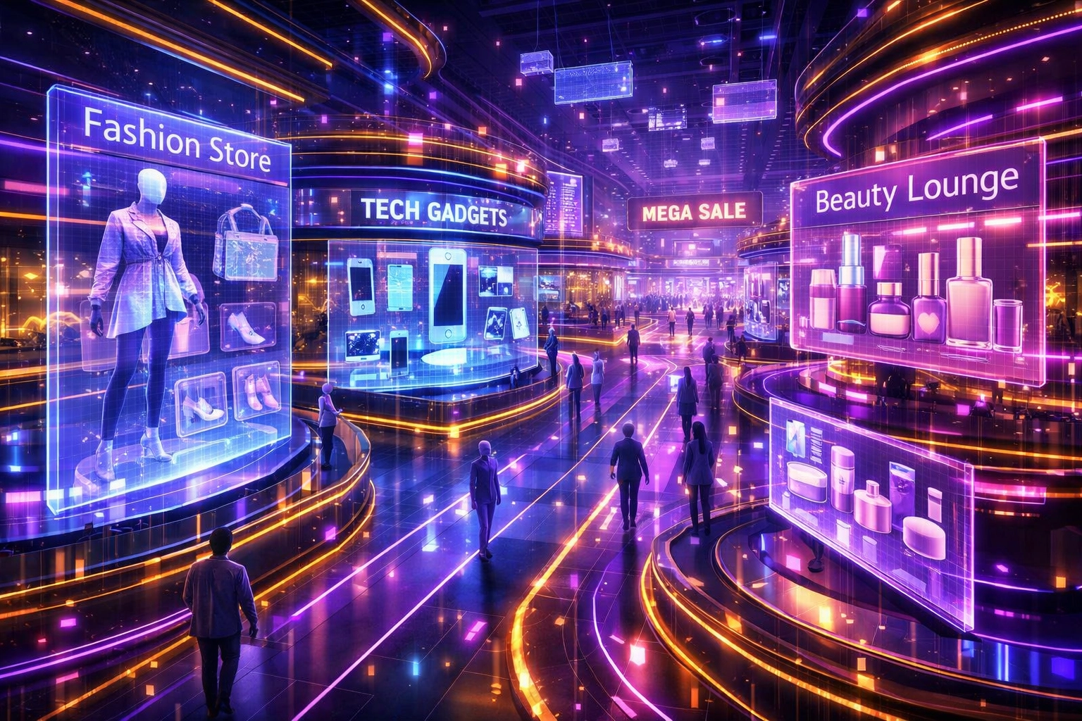 Futuristic metaverse shopping district with holographic storefronts and VR avatars browsing virtual stores