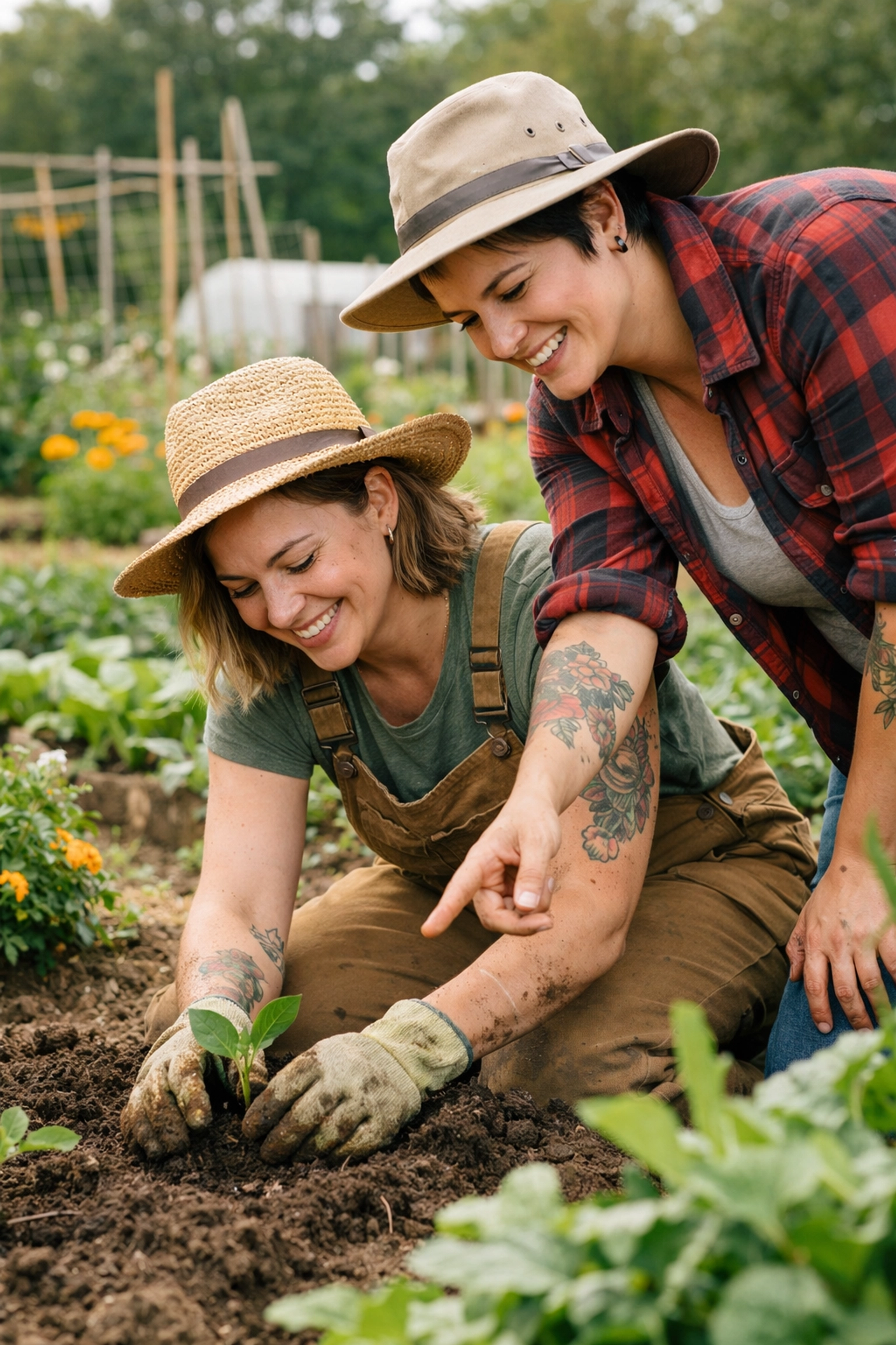 Two lesbian women planting seedlings together in a community garden, representing queer joy and chosen family outdoors.