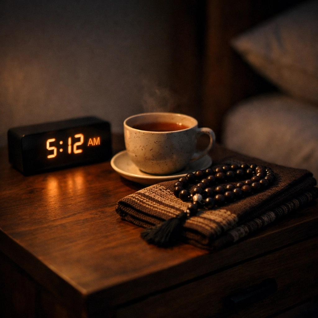 Minimalist prayer space with beads and mat, showing spiritual preparation for Tahajjud and Niyah.