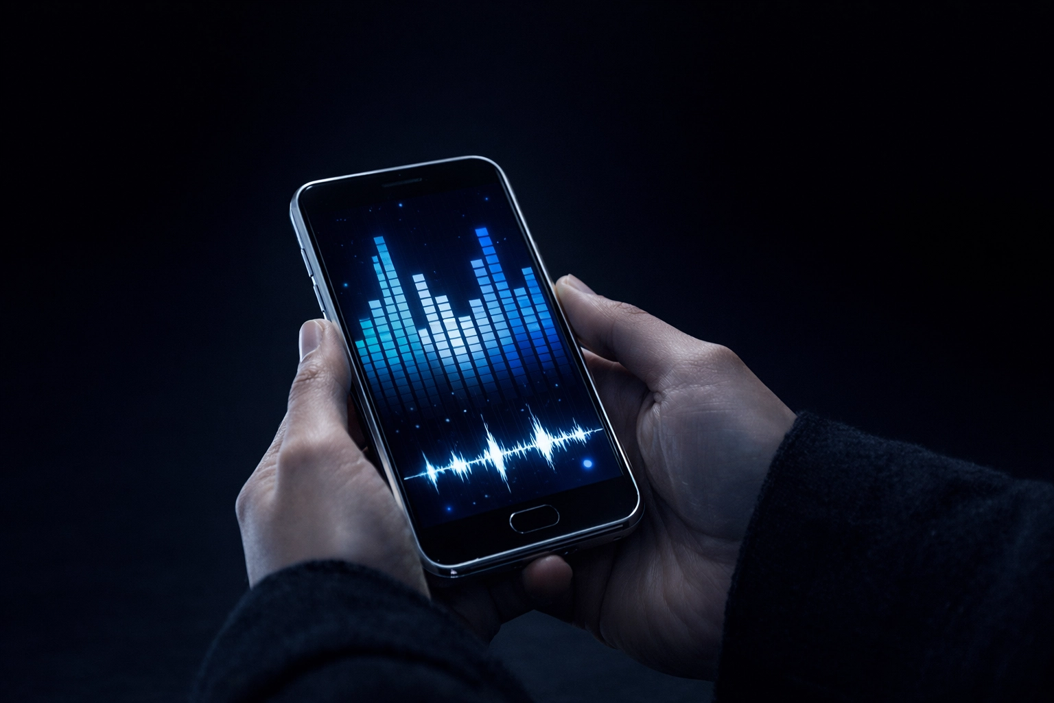 Hands holding a smartphone with a cool blue music visualizer in a dark minimalist recording studio setting.