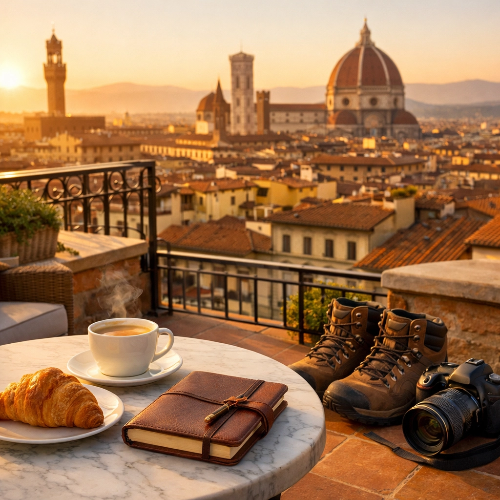 Luxury hotel balcony in Florence at sunrise, featuring coffee and a travel journal for a balanced itinerary.