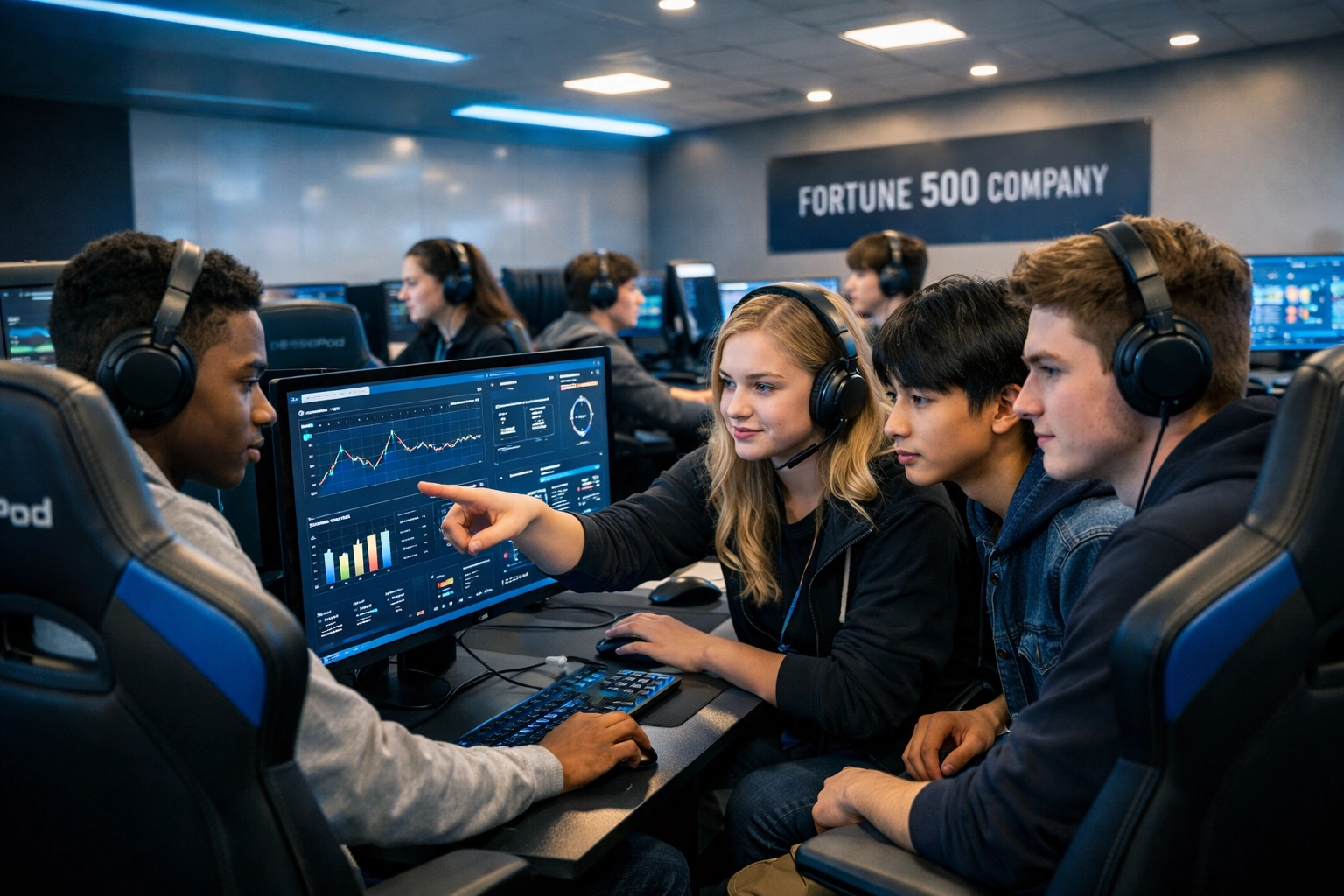 High school students learning at esports stations in corporate-sponsored talent development classroom