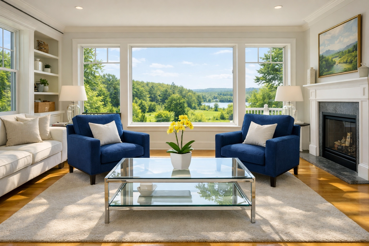 Sun-drenched living room showing the results of professional house cleaning in Ashby MA.