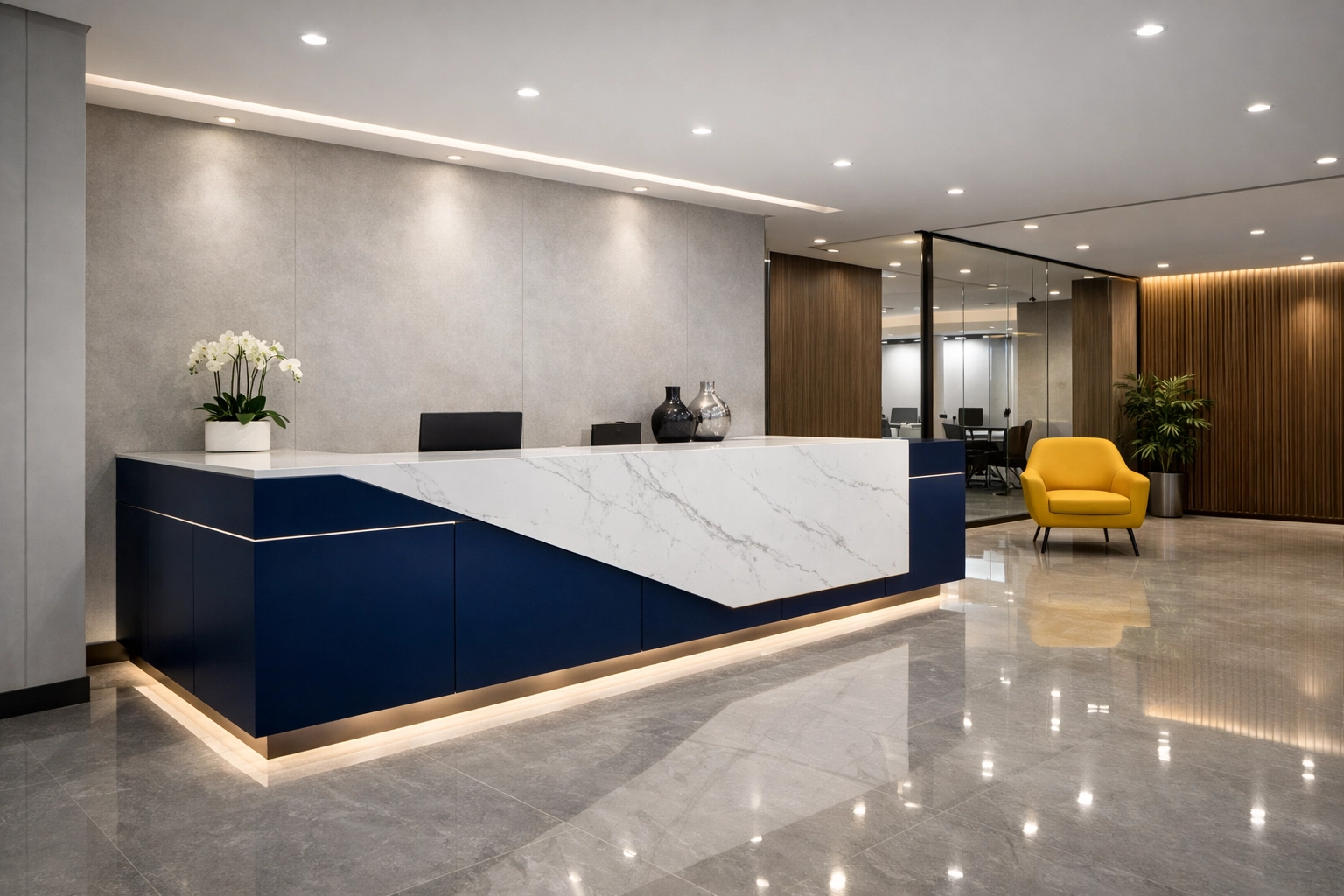 Professional office cleaning in Stow, MA, creates a spotless and welcoming reception area for clients.