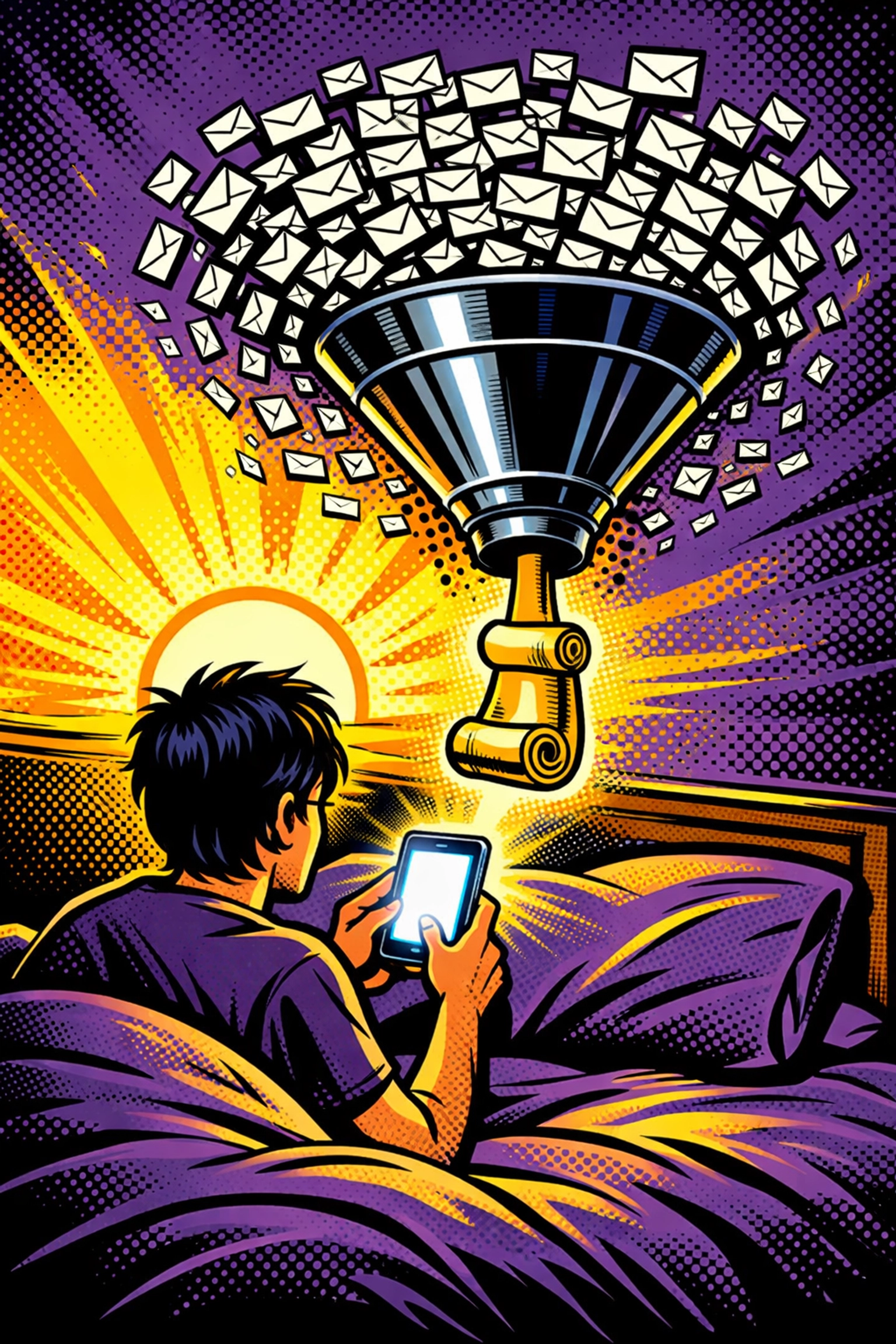 AI business automation tools organizing a chaotic email inbox into a simple summary scroll.