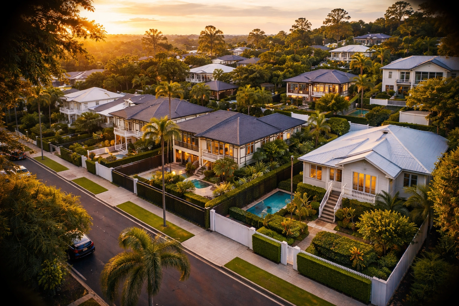 Aerial view of Brisbane suburb homes with various premium fencing styles at golden hour