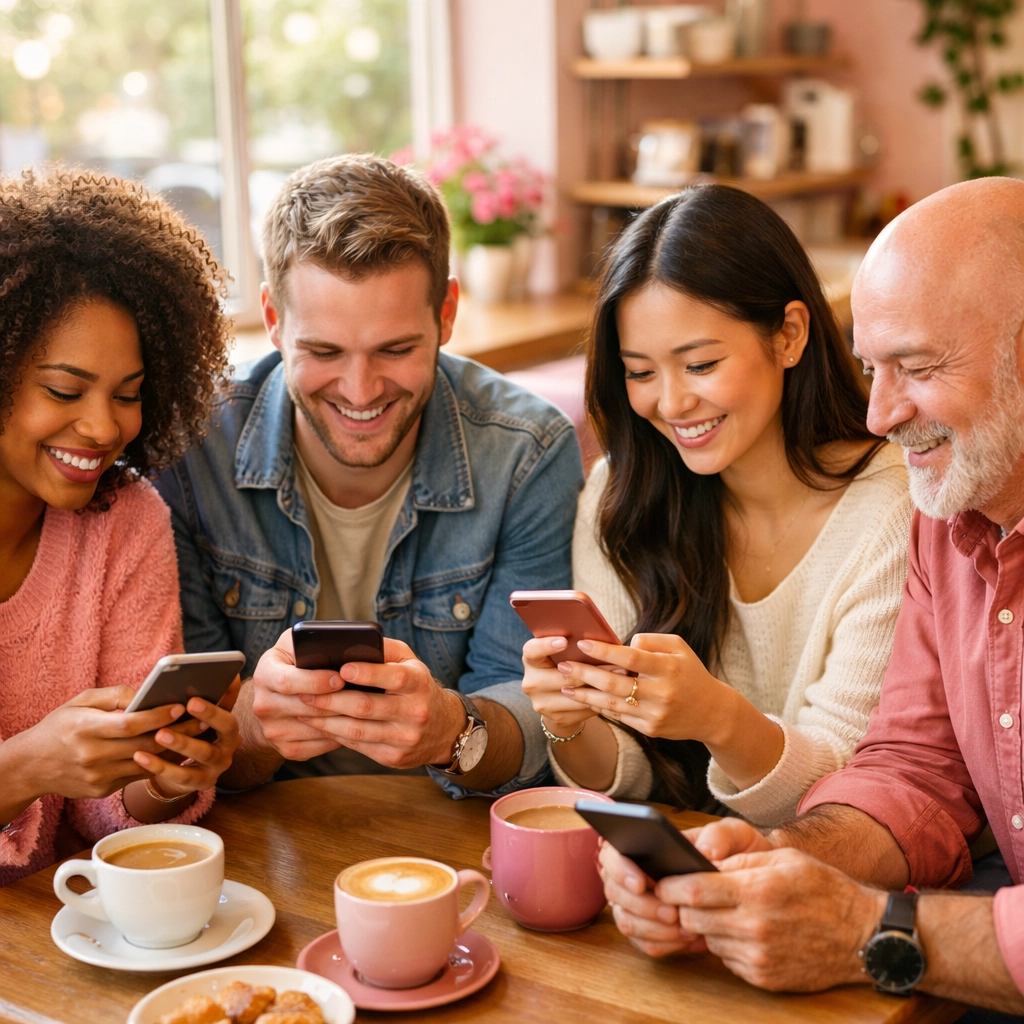 Engaged Facebook group members connecting on social media in community setting