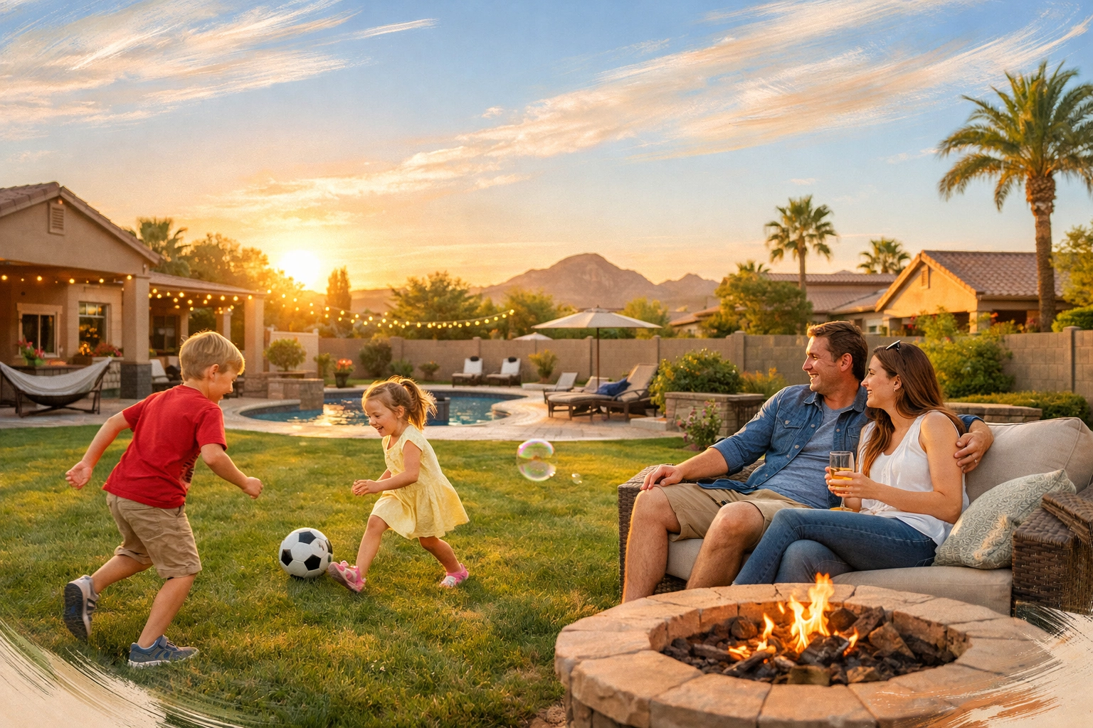 Family Enjoying Spacious Arizona Backyard Family Enjoying Spacious Arizona Backyard