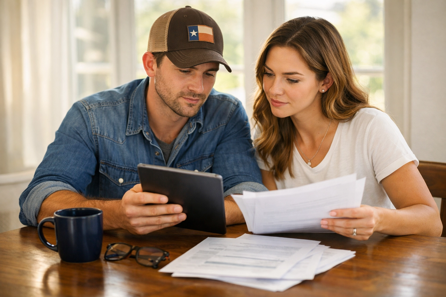 A focused Texas couple reviewing financial documents to plan their credit improvement strategy.