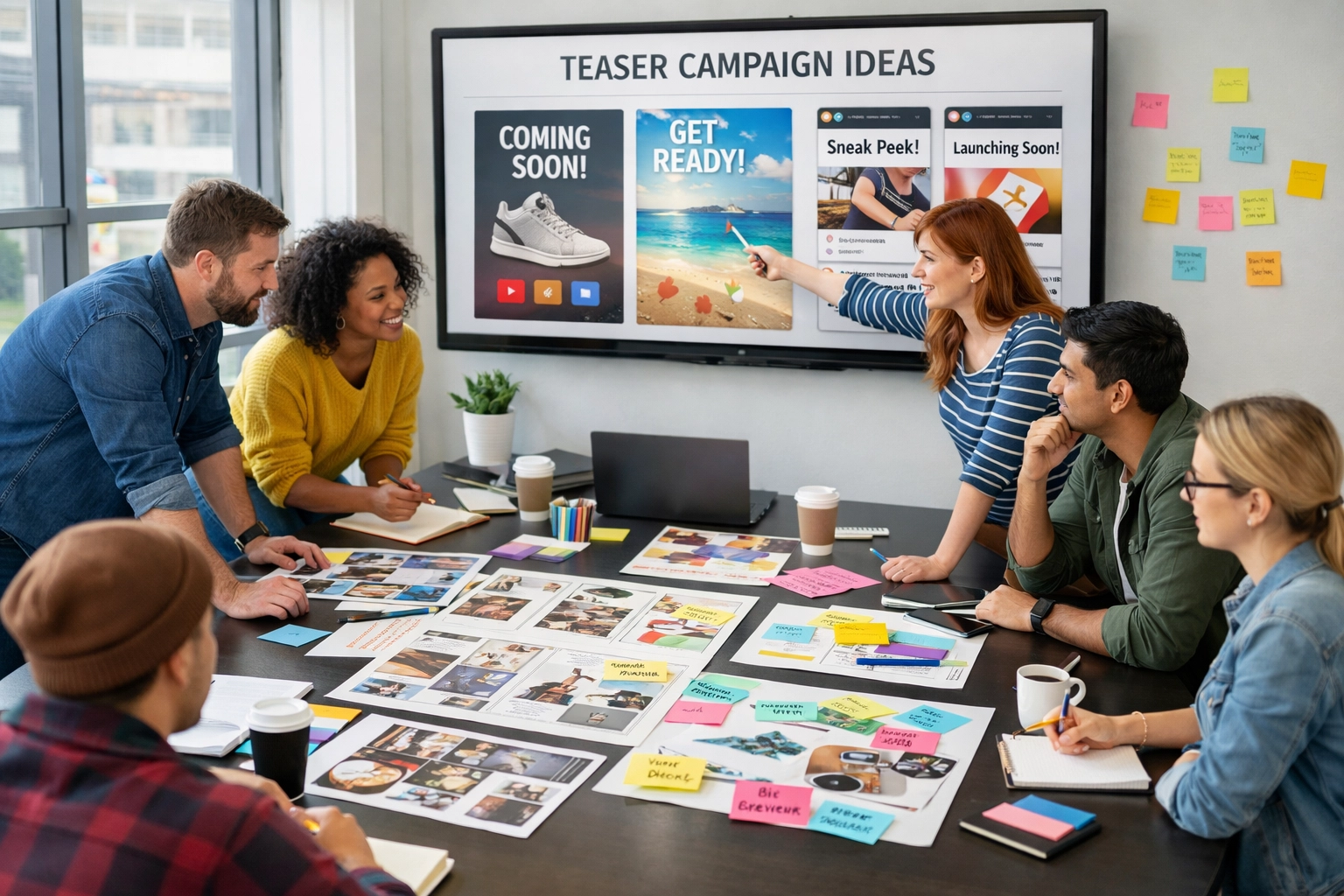 Marketing team brainstorming Super Bowl teaser campaign strategy and social media content