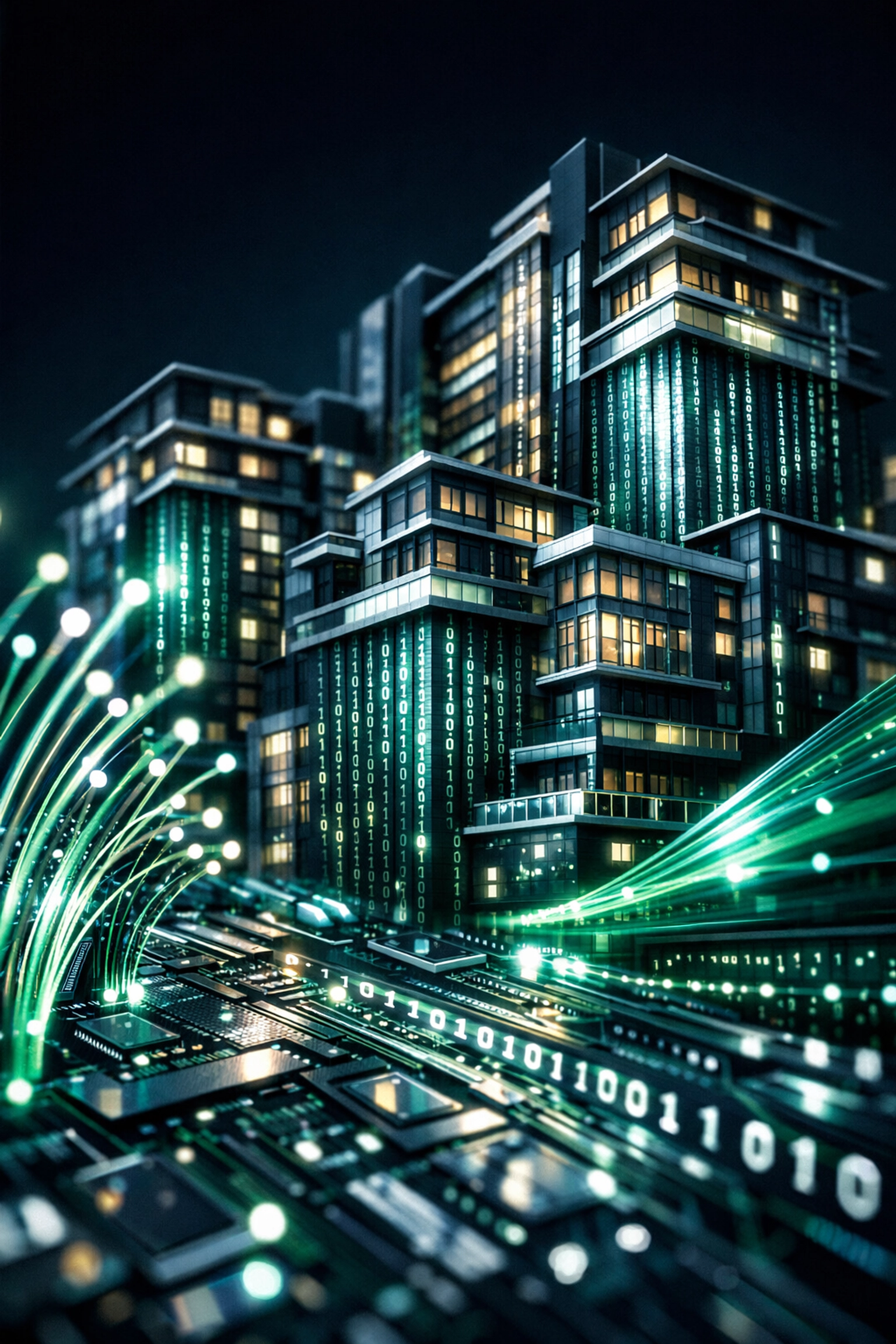 Digital foundation of fiber optics building a residential complex, representing data integrity for buyers.