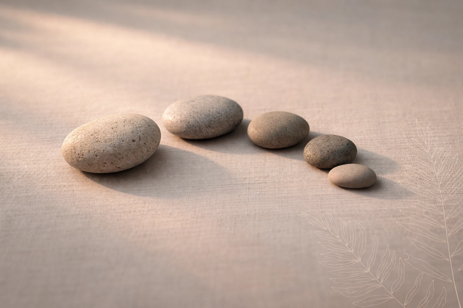 Cinq galets gris alignés sur du lin, symbolisant les différents types énergétiques du Human Design