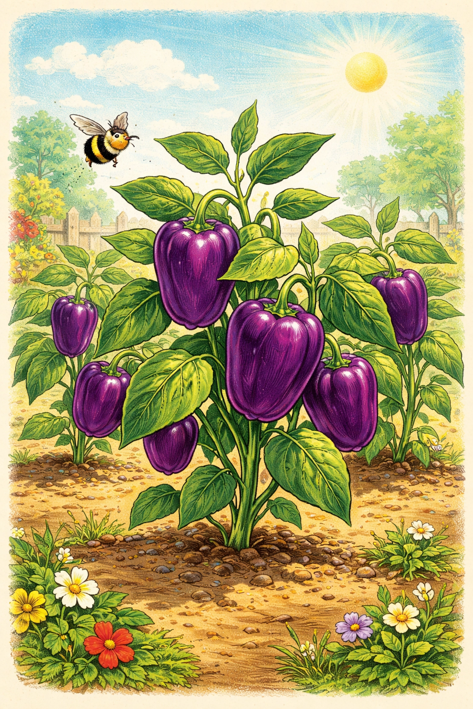 Classic storybook illustration of vibrant purple pepper plants thriving in a sunny garden patch