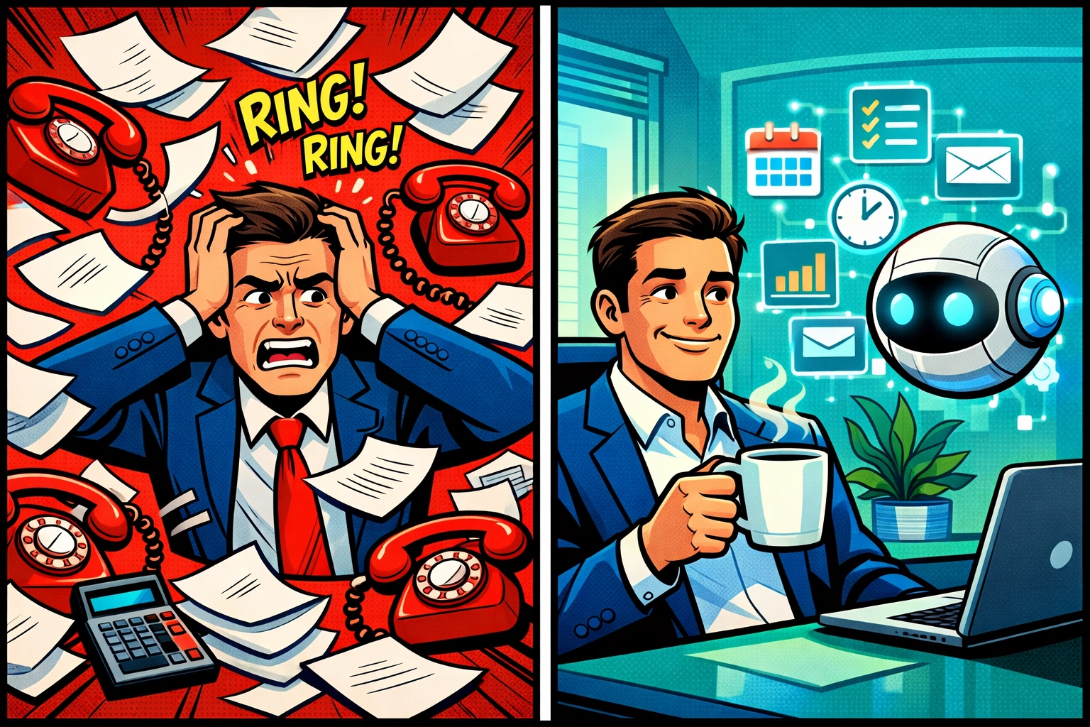Comparison of manual admin chaos versus calm efficiency using an AI virtual assistant for business.