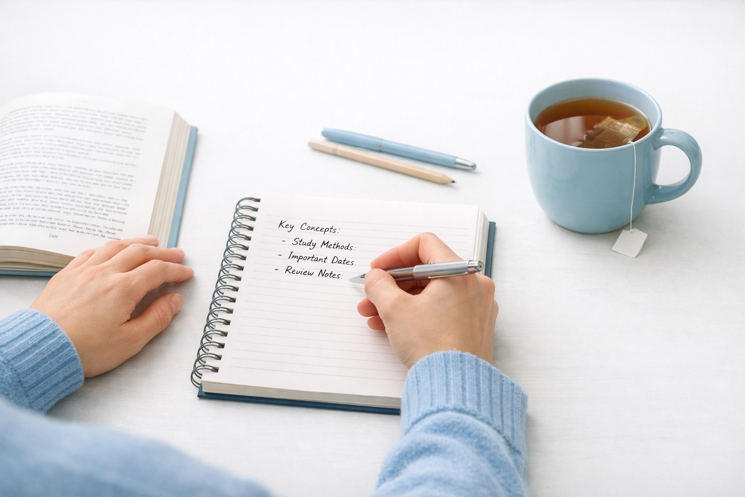 Real photo of someone learning and taking notes with tea nearby, showing peer-led learning and growth