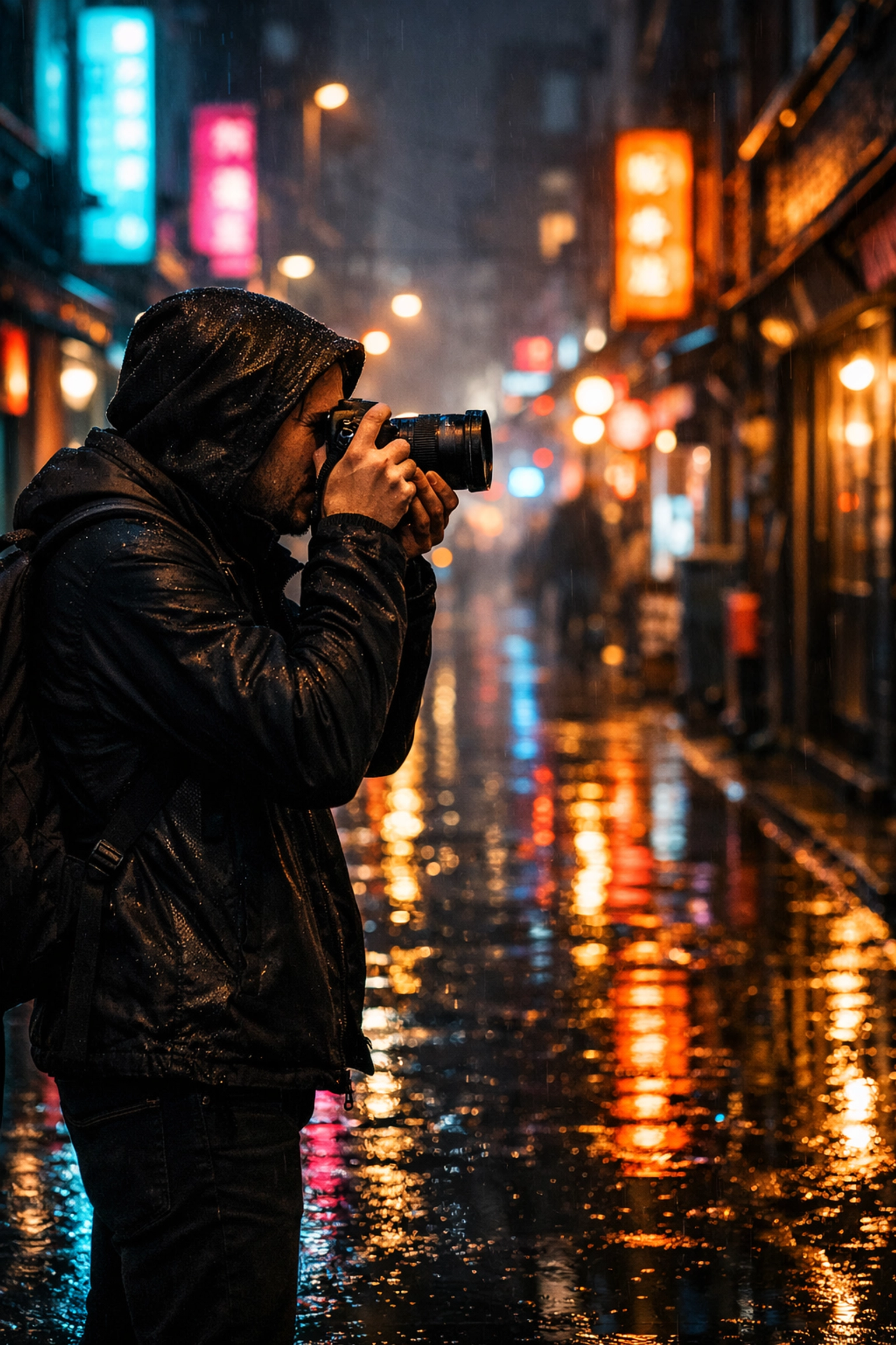 Photographer exploring street photography ideas in a neon city alley with a mirrorless camera.