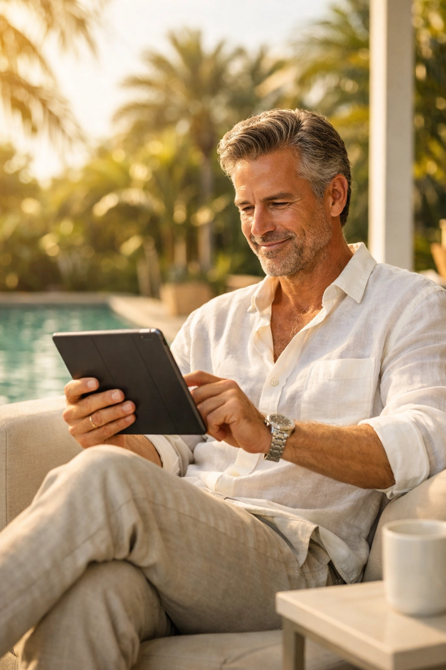 Man using a tablet for West Palm Beach TRT telehealth services to optimize health and vitality.