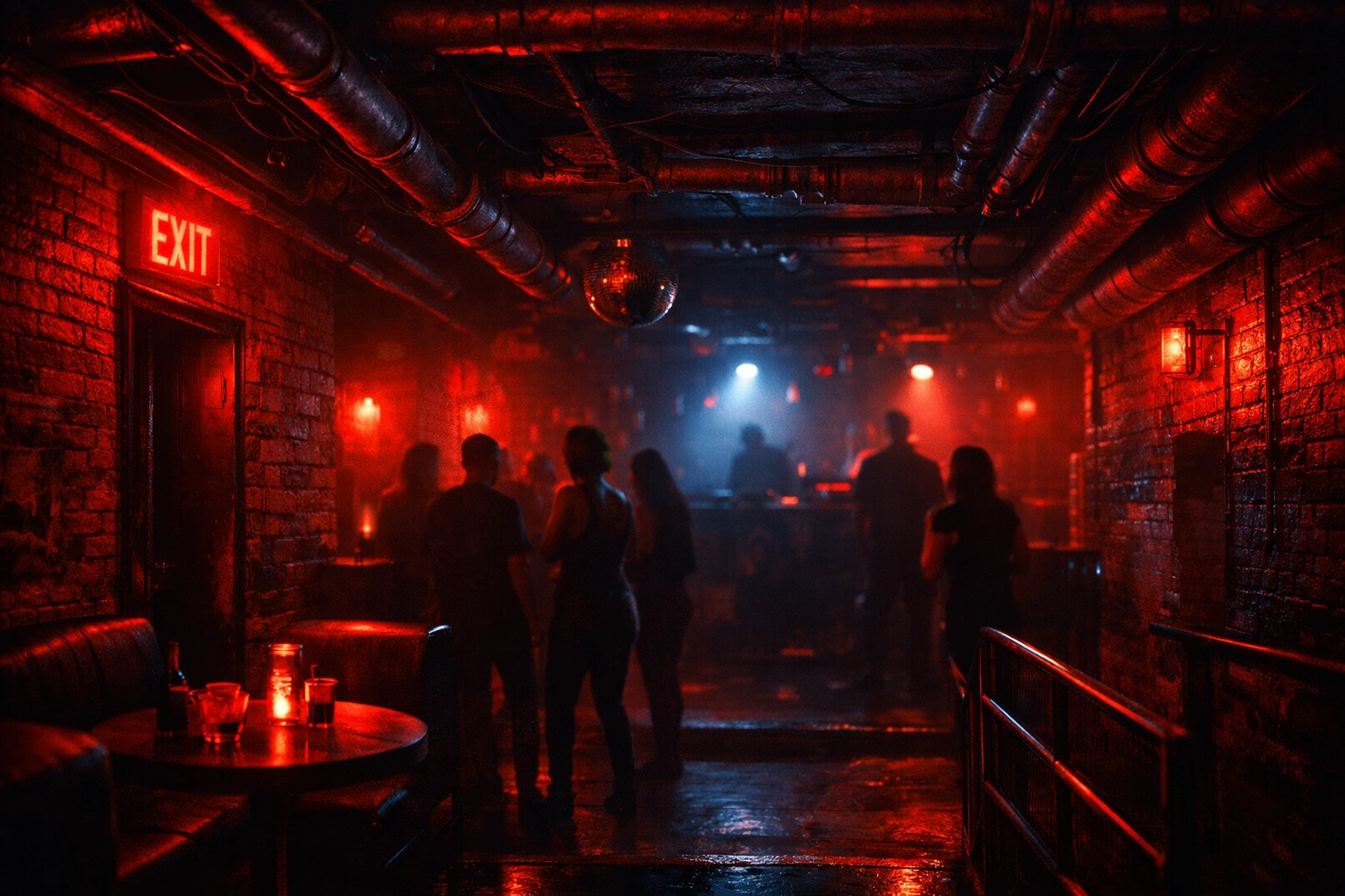 Intimate basement nightclub interior with red lighting and confined space