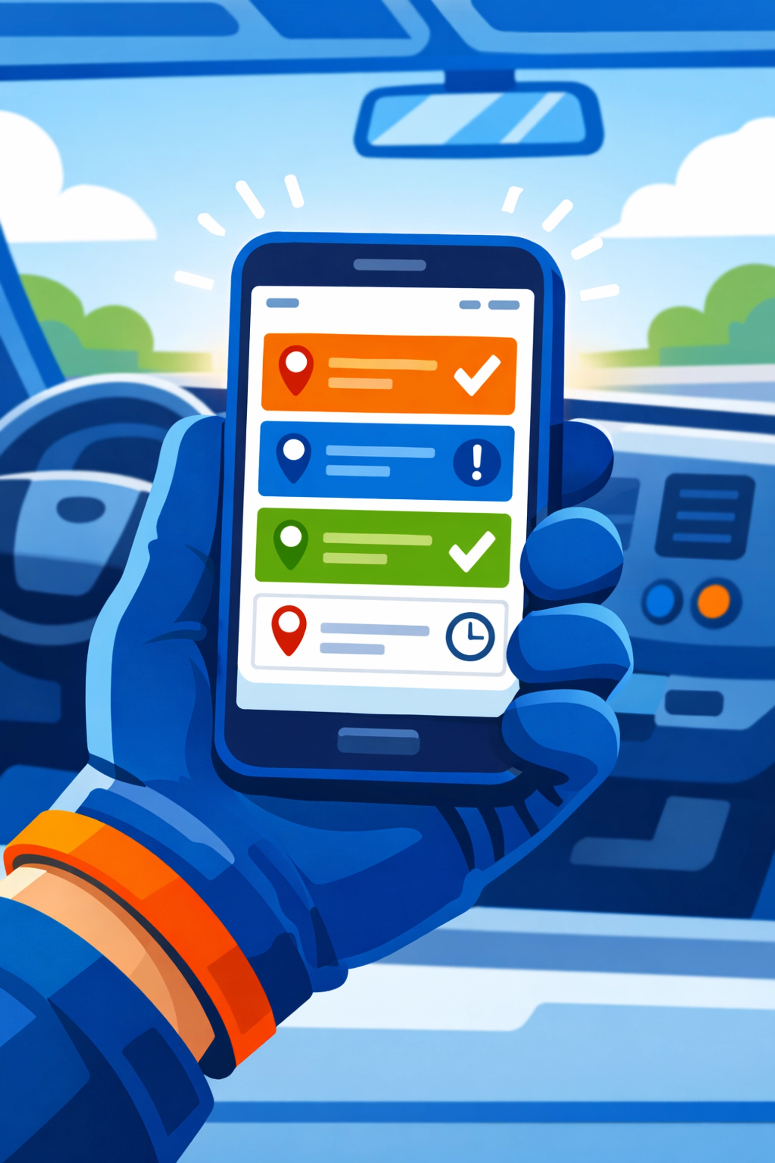 HVAC technician using mobile scheduling app on smartphone in service truck