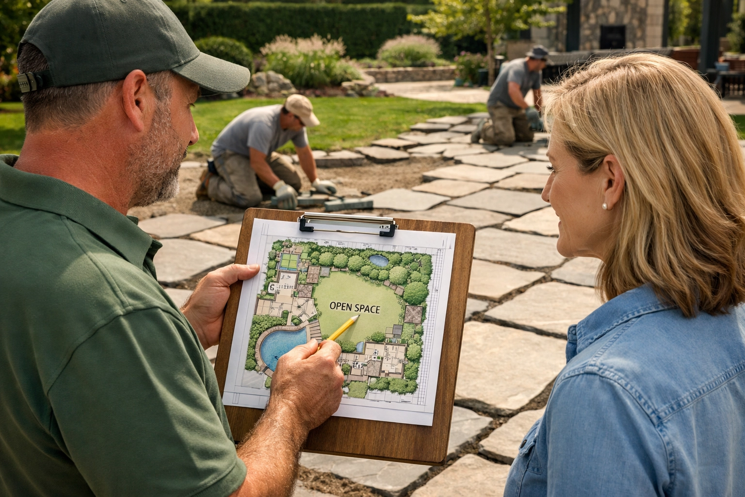 Landscaper reviewing site plans with a client, representing professional website layout and proper element spacing.