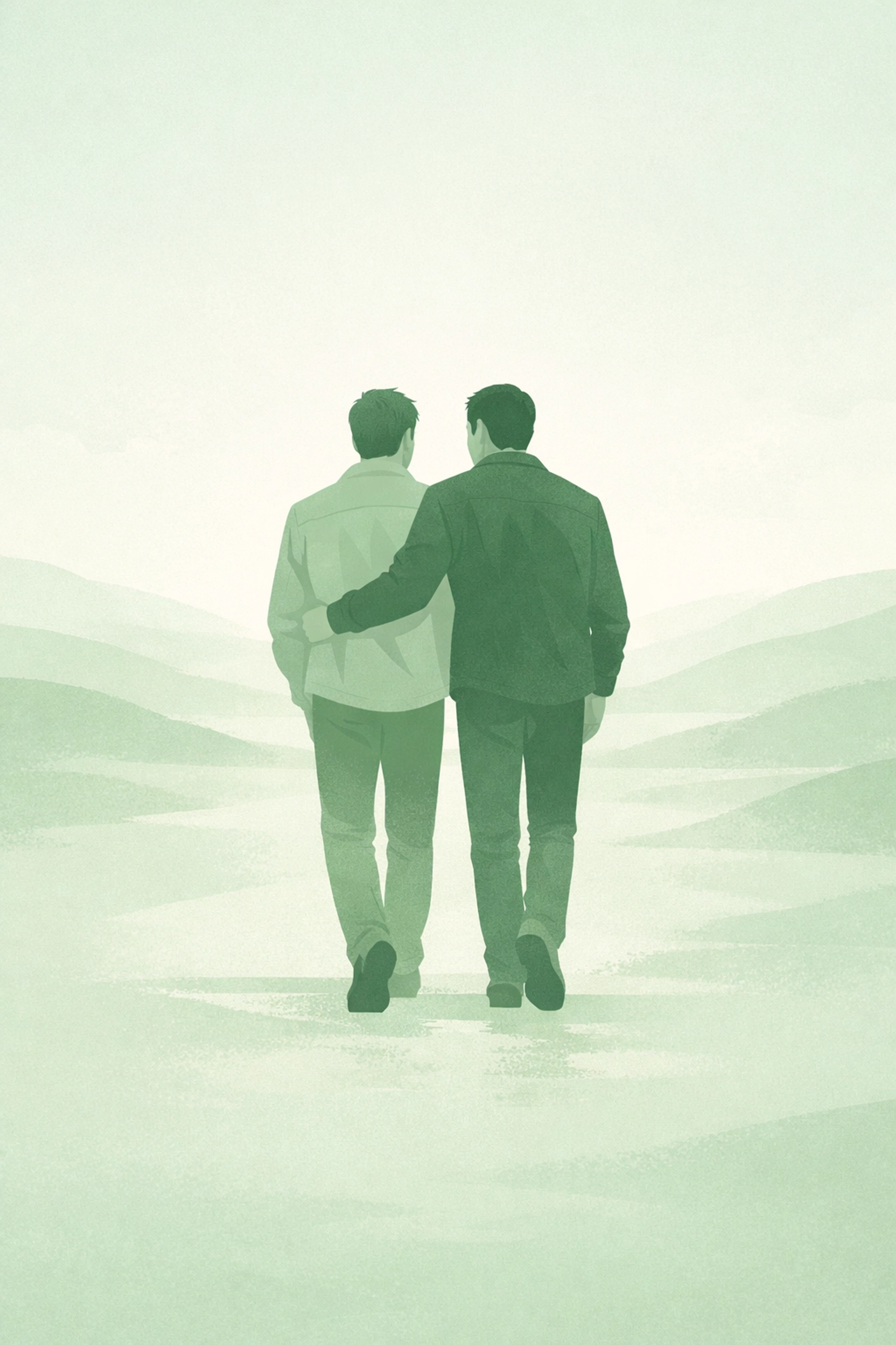 Minimalist drawing of a gay couple walking together toward a horizon, depicting an emotional journey in MM fiction.