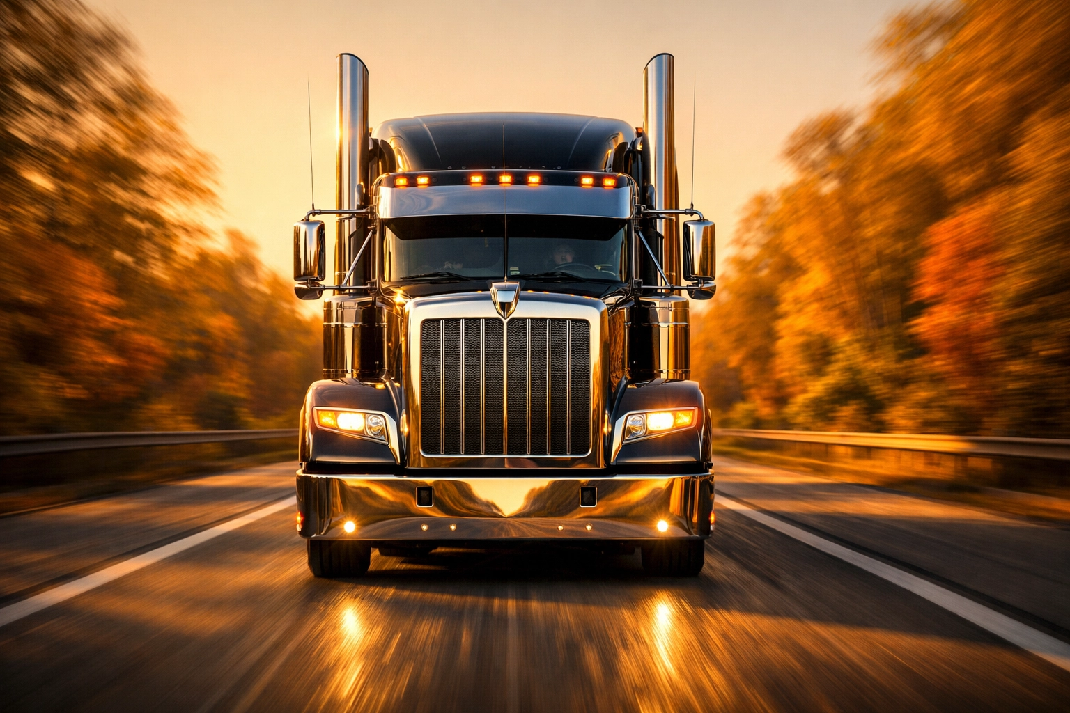 A polished semi-truck driving on a highway, representing fast funding for trucking companies.