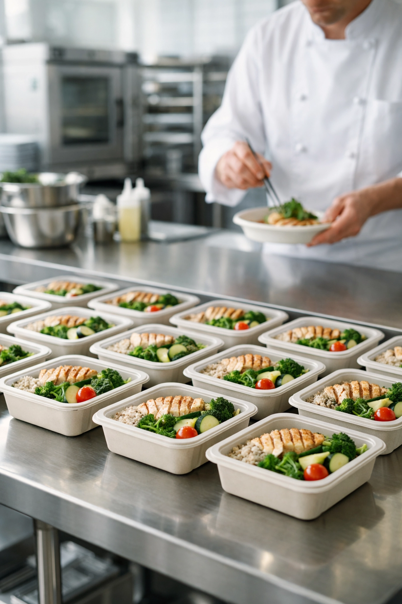 Professional commercial kitchen preparing large-scale pre-packaged meals for Tampa Bay community contracts.