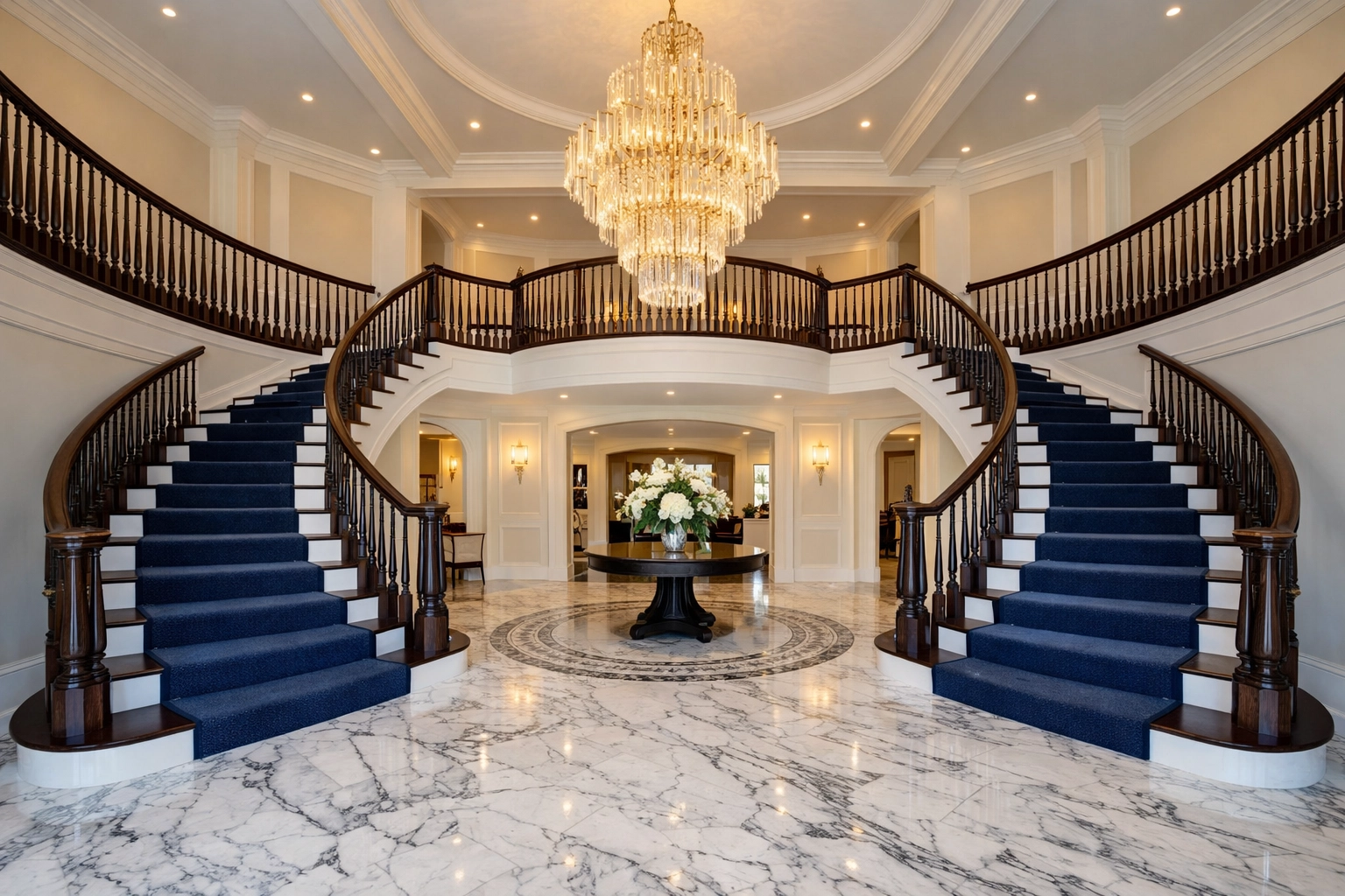 Immaculate marble foyer in a Weston MA luxury estate showcasing professional estate cleaning services.