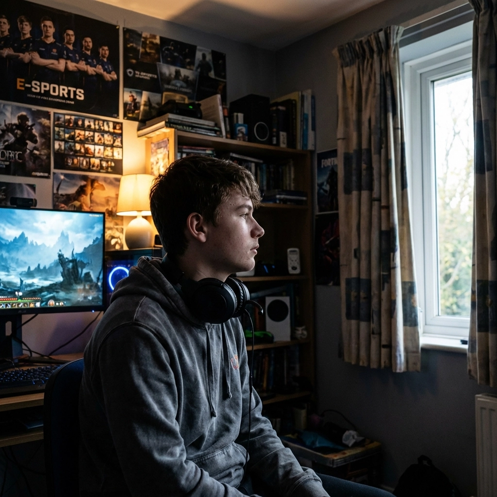 Teenage boy sitting alone in his bedroom at dusk, illuminated by gaming screen light, symbolizing social isolation and gaming retreat.