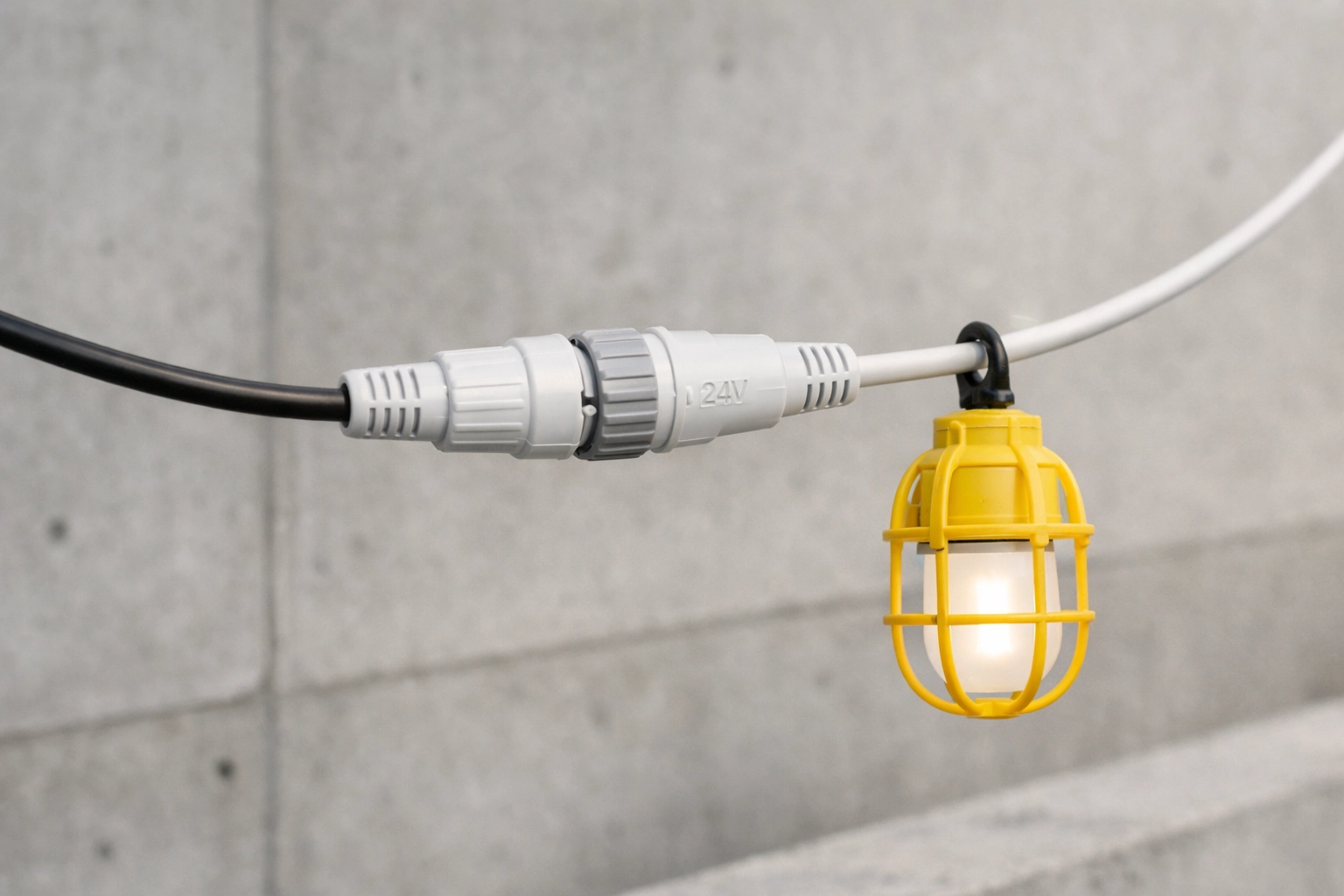 Close-up of weatherproof 24V temporary lighting connector on construction site
