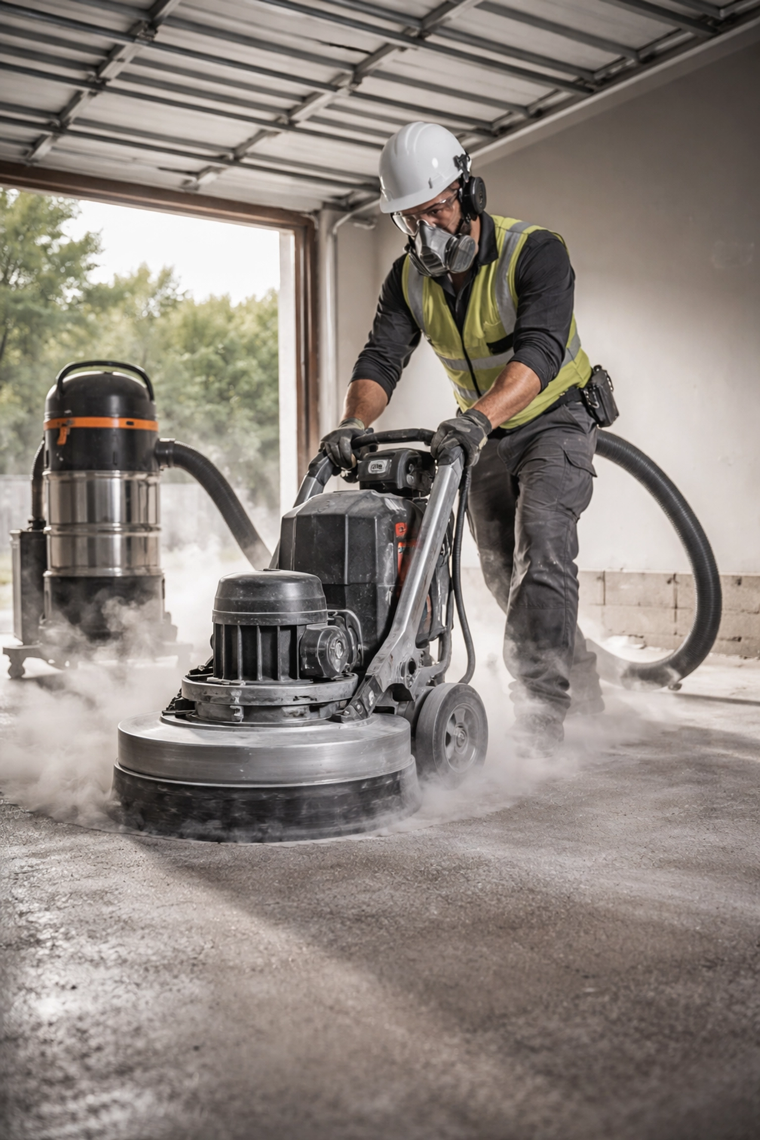 Professional contractor grinding a garage floor for optimal epoxy installation with industrial equipment