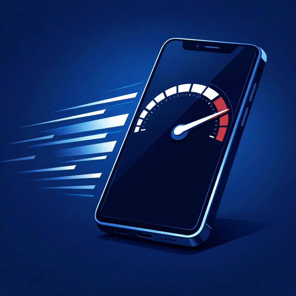 Graphic of a smartphone with a high-speed gauge representing fast mobile loading times and optimized user experience.