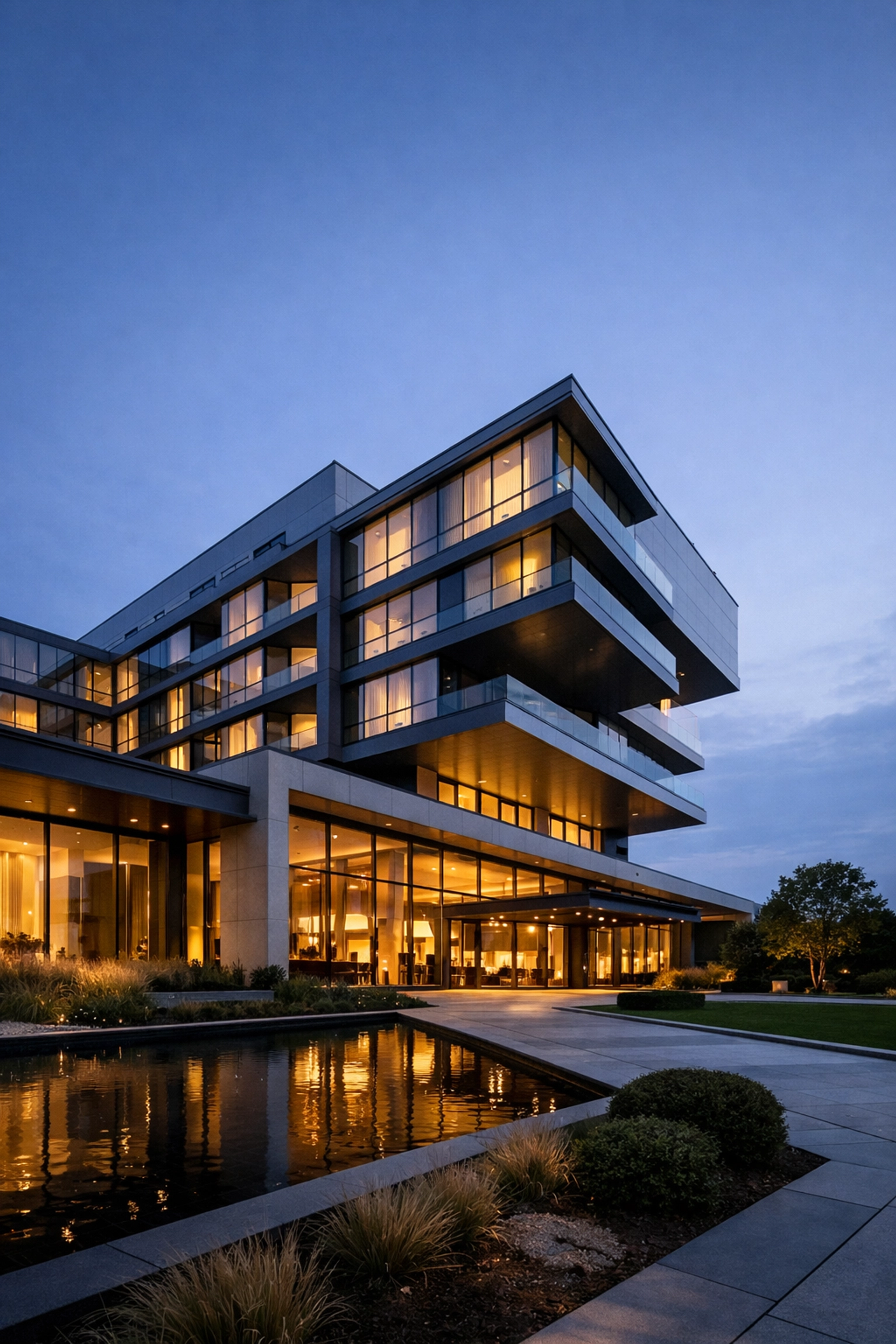 Modern hotel exterior at dusk showcasing innovative architecture and premium guest experience.