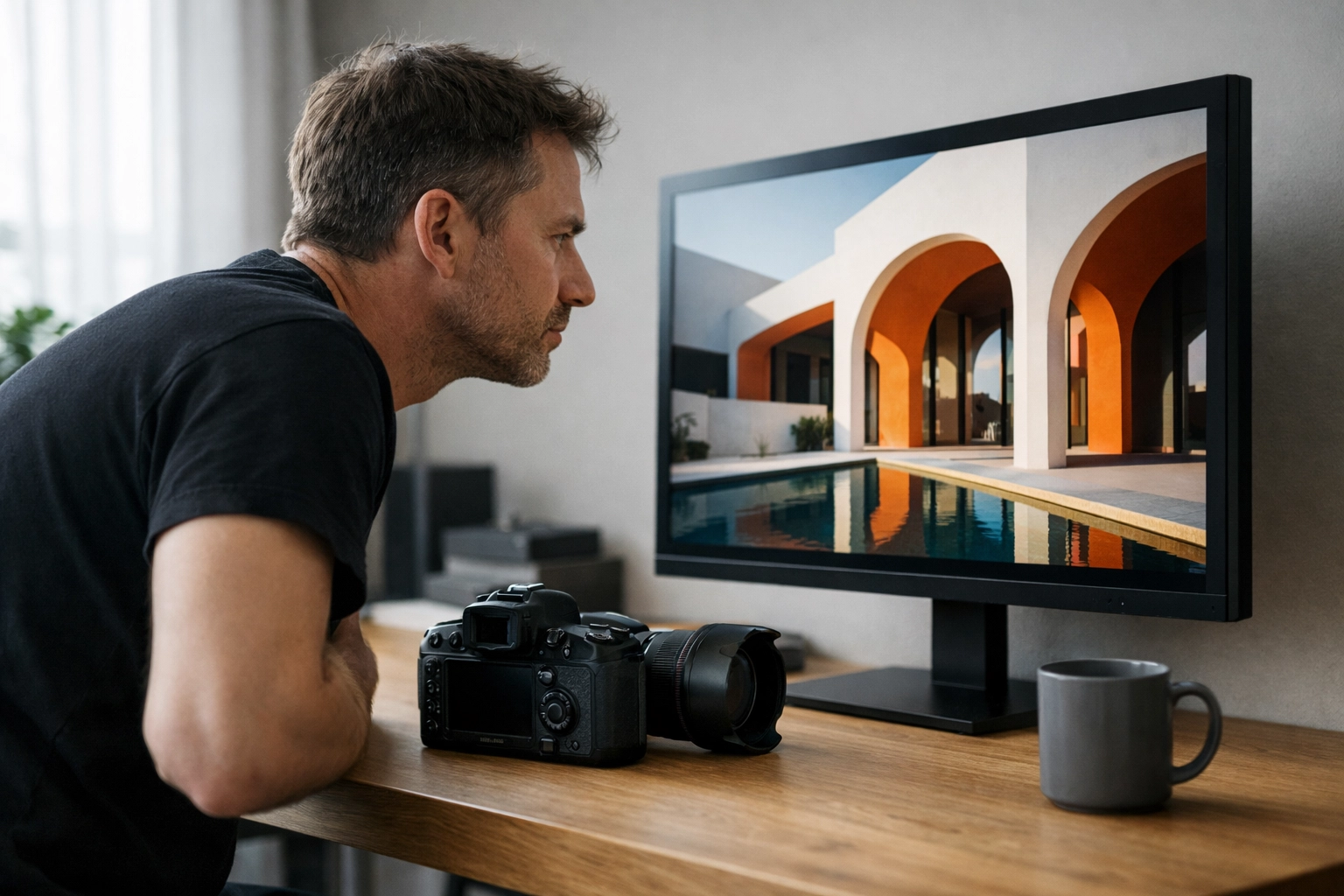 Professional photographer in a minimalist studio reviewing high-end imagery for jobs for photographers.