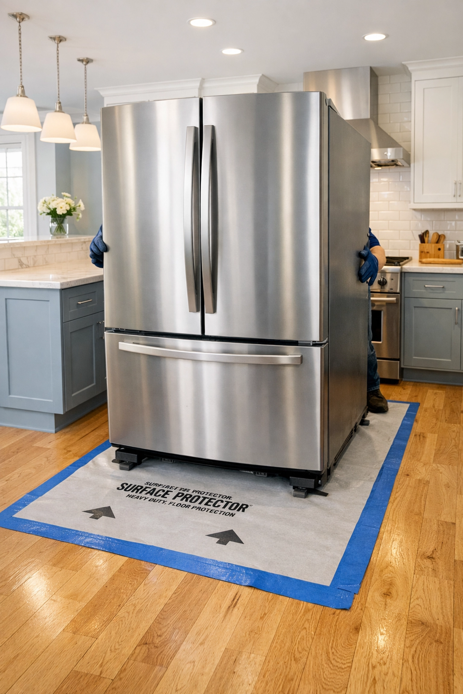 Moving a stainless steel refrigerator safely on floor protection in a modern kitchen.