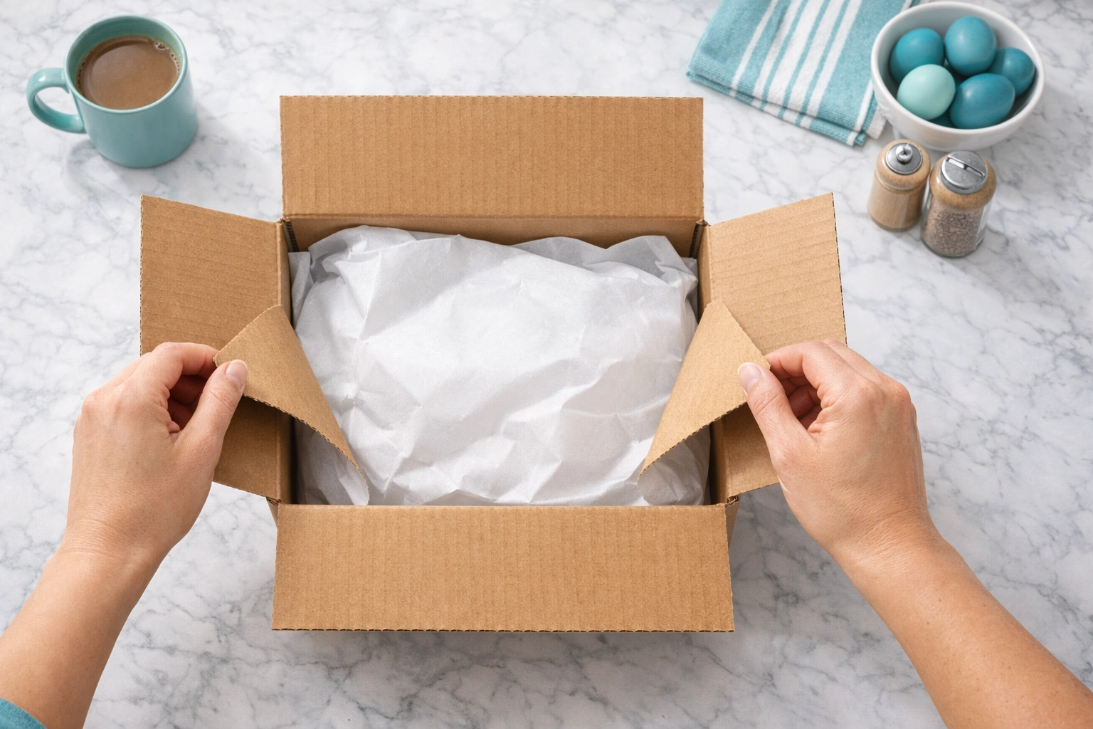 Hands opening brown delivery box with unboxing excitement after finding great deal