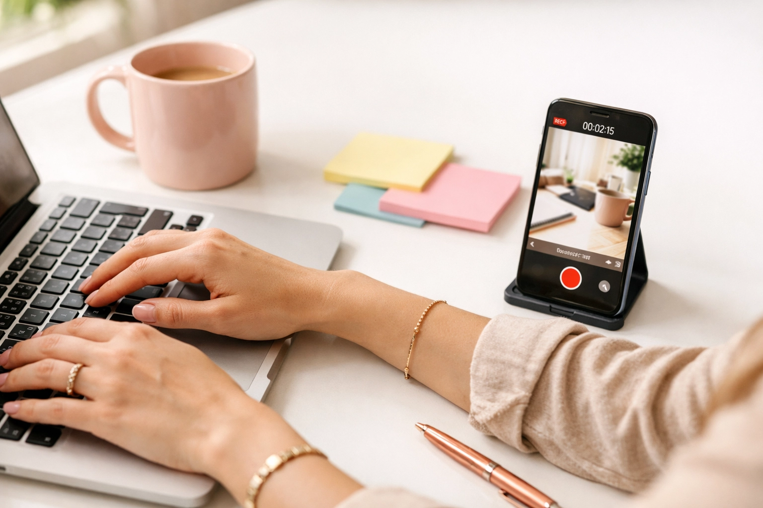 Content creator typing on laptop while recording video content for social media