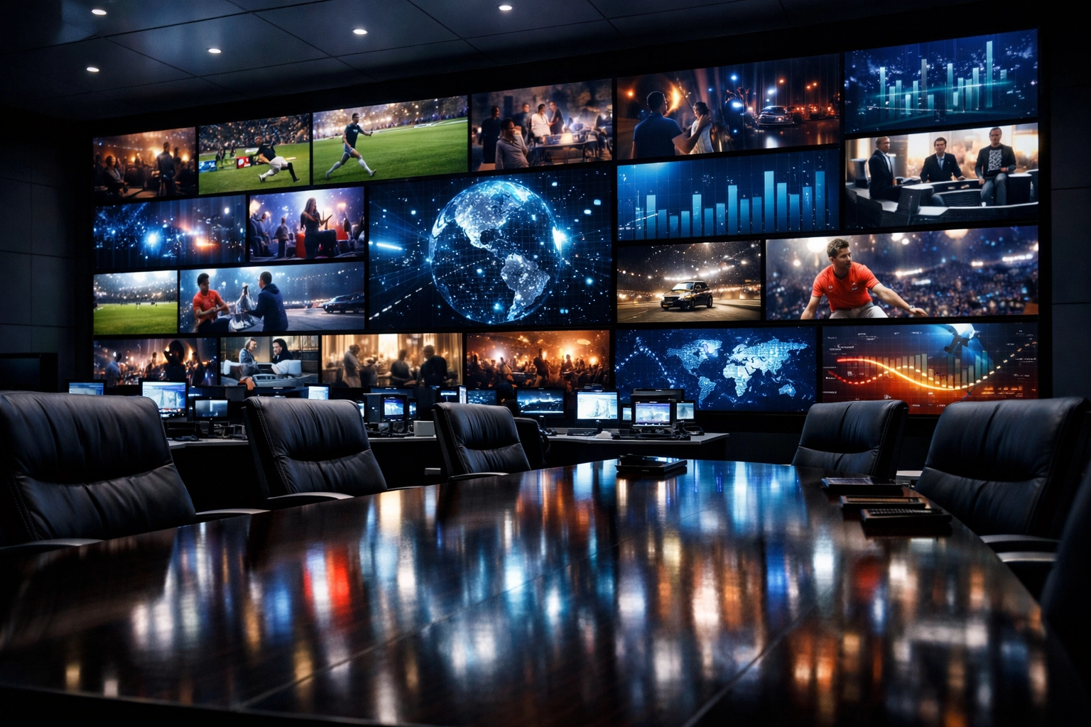A professional media operations center managing global digital content distribution and strategic analytics