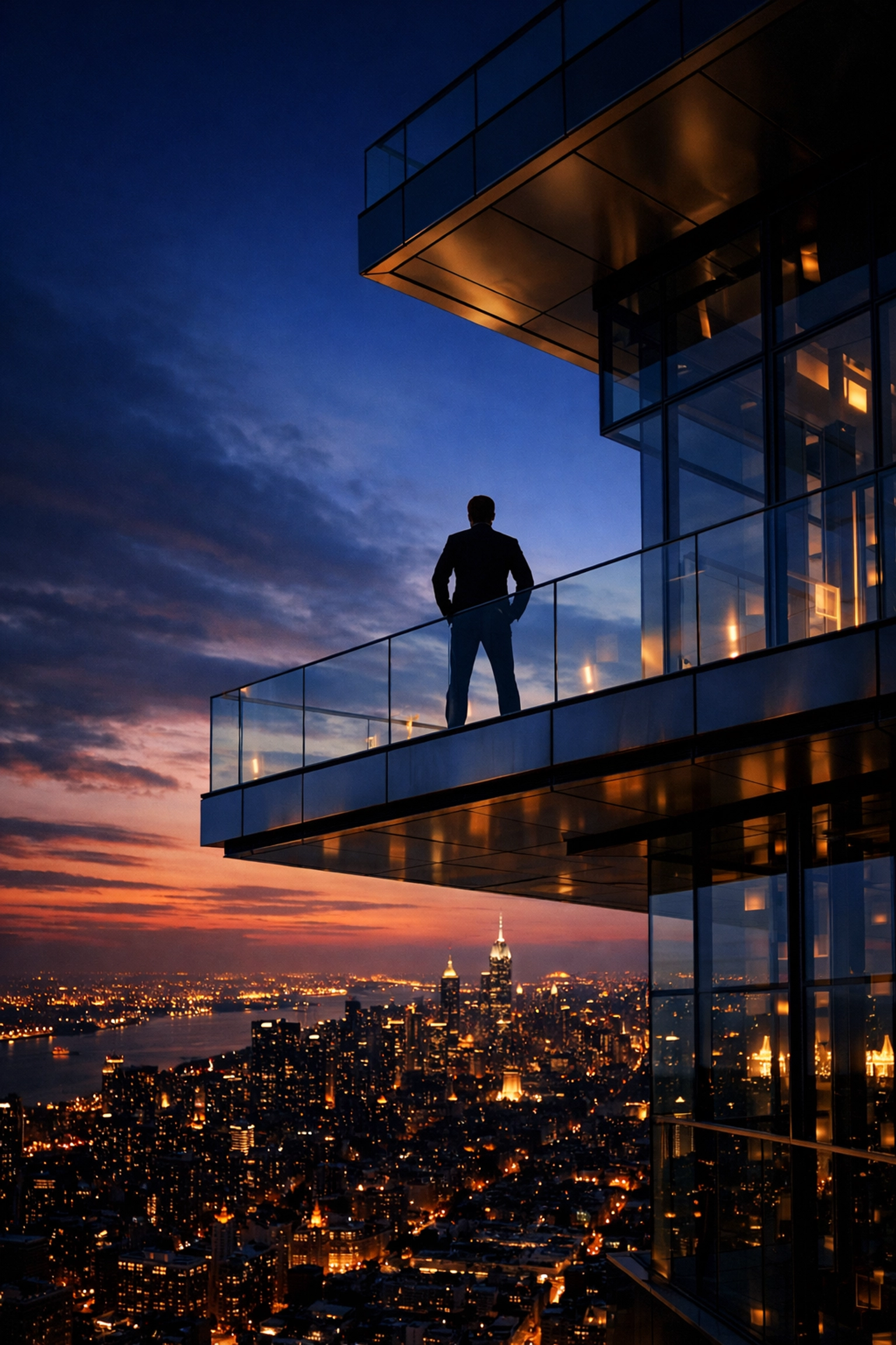 Real estate agent overlooking a city skyline at sunset symbolizing expert market authority.